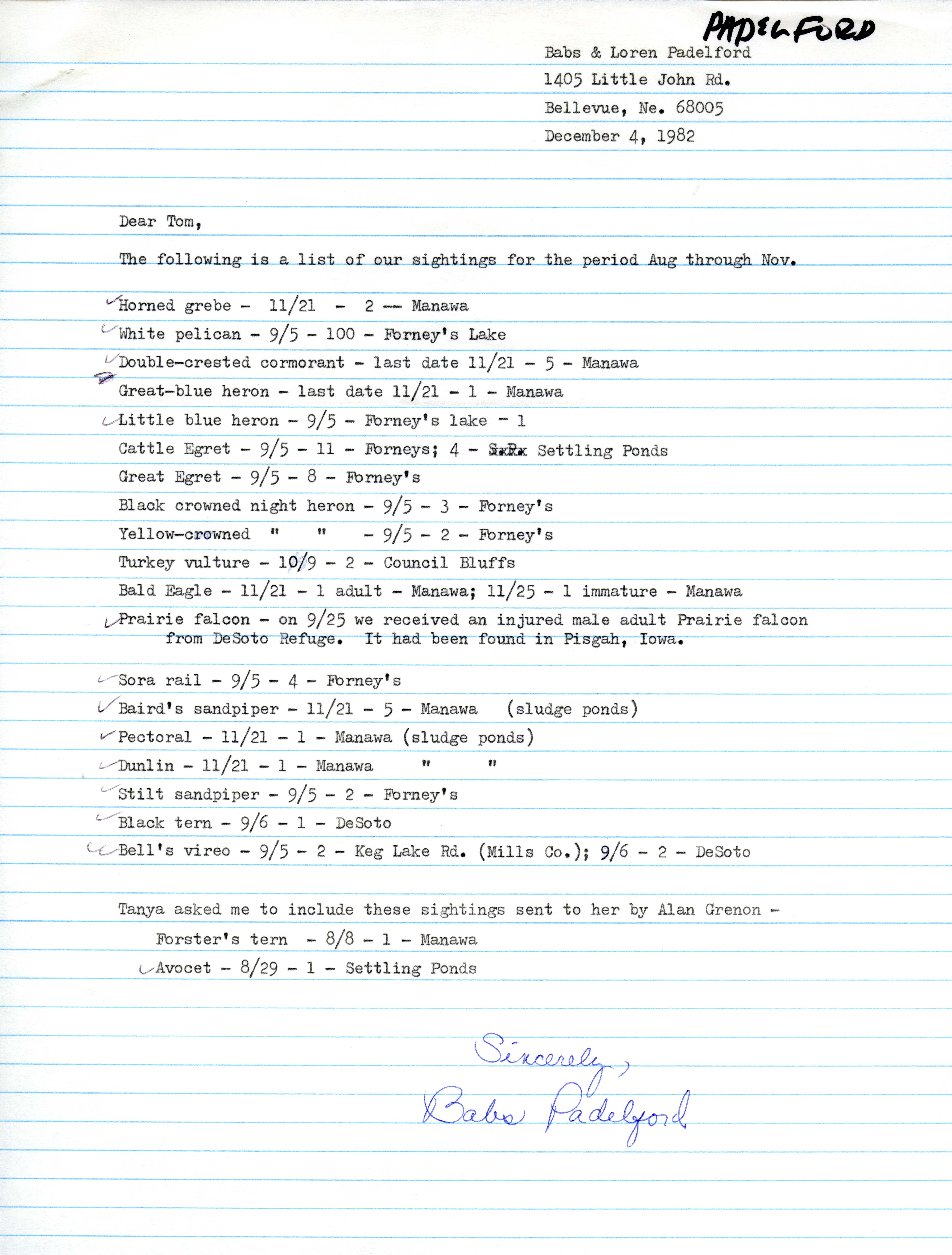 Babs Padelford letters to Thomas H. Kent regarding field notes, December 4, 1982 