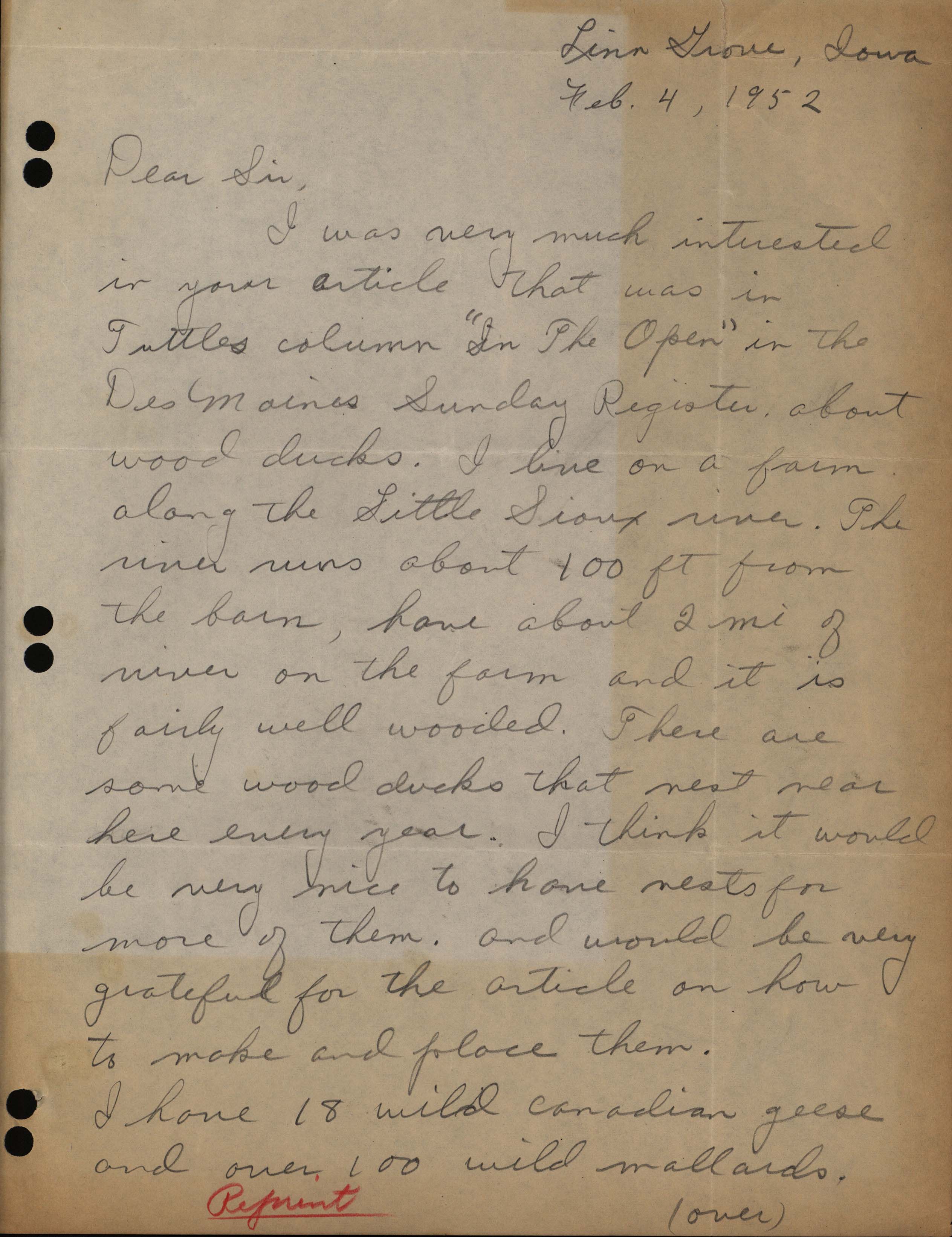 Raymond Findley letter to Frederic Leopold regarding a request for information on Wood Duck houses, February 4, 1952
