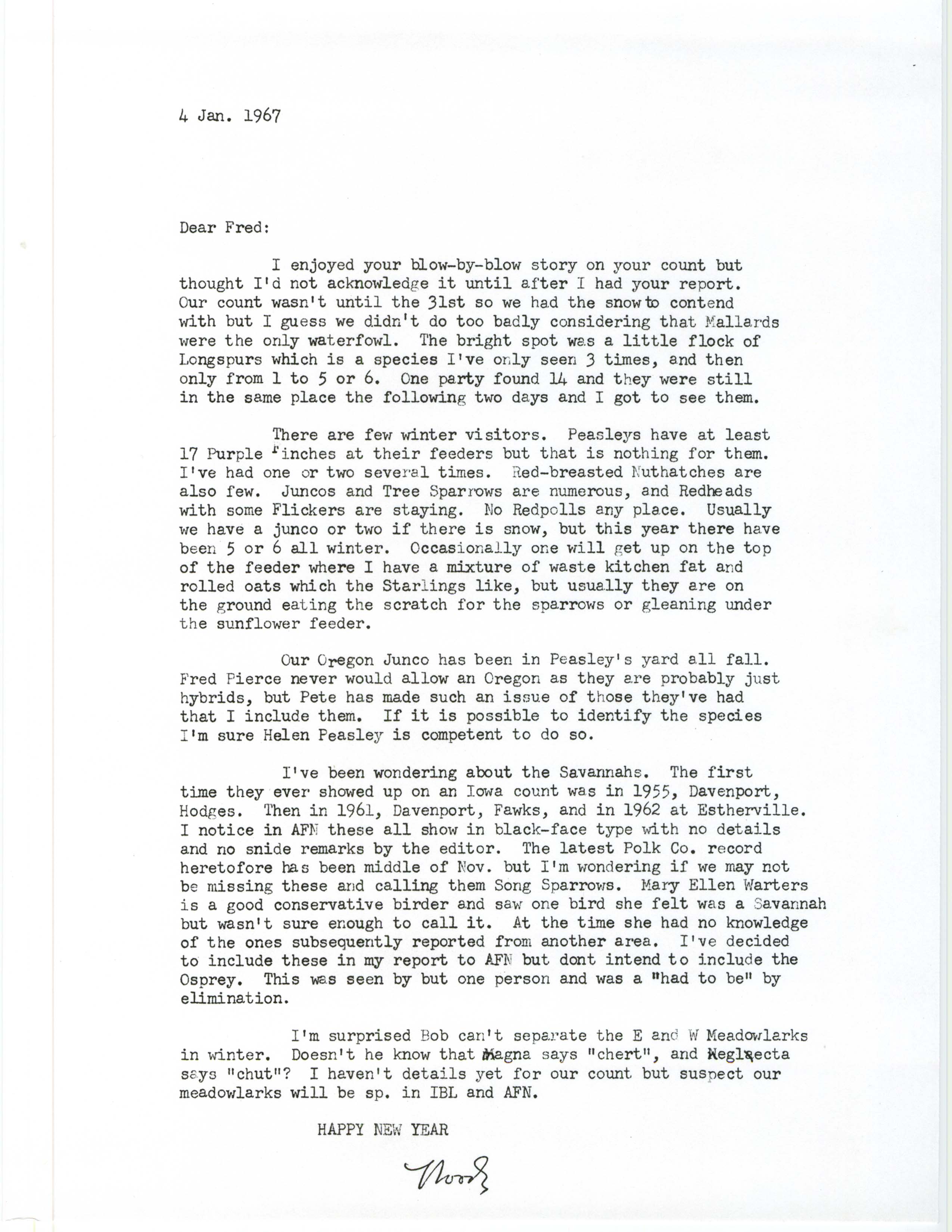 Woodward H. Brown letter to Fred Kent about birding sightings for the fall and winter of 1966 and a Christmas Bird Count, January 4, 1967