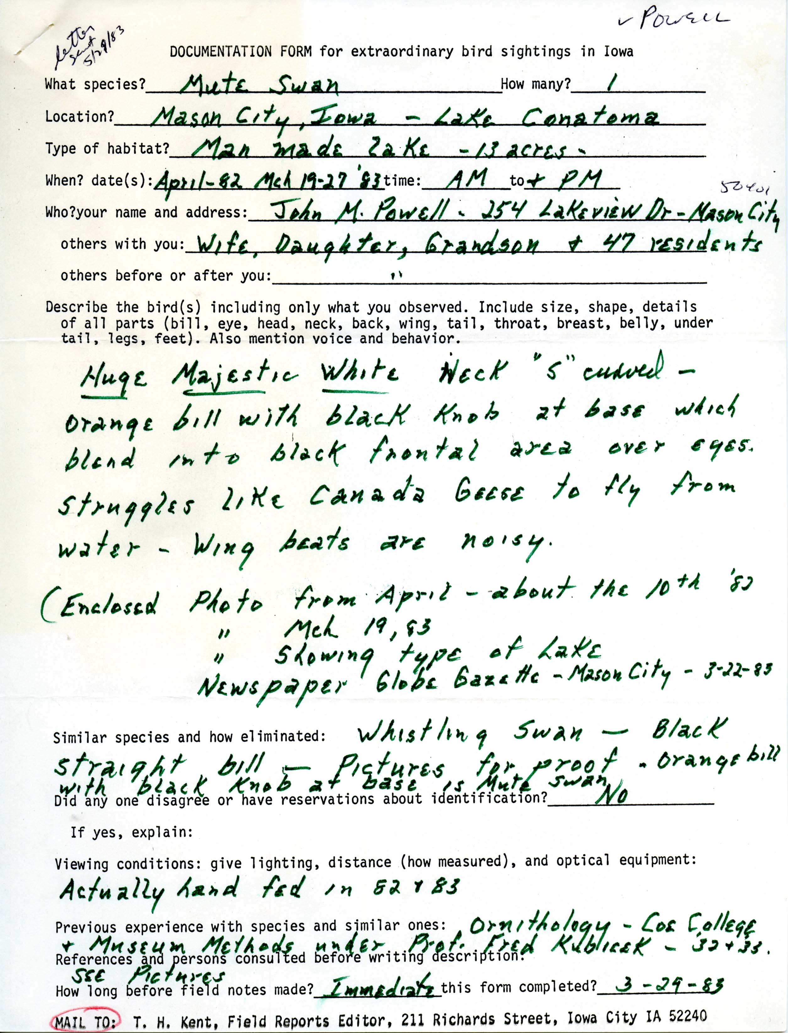 Rare bird documentation form for Mute Swan at Mason City, 1982
