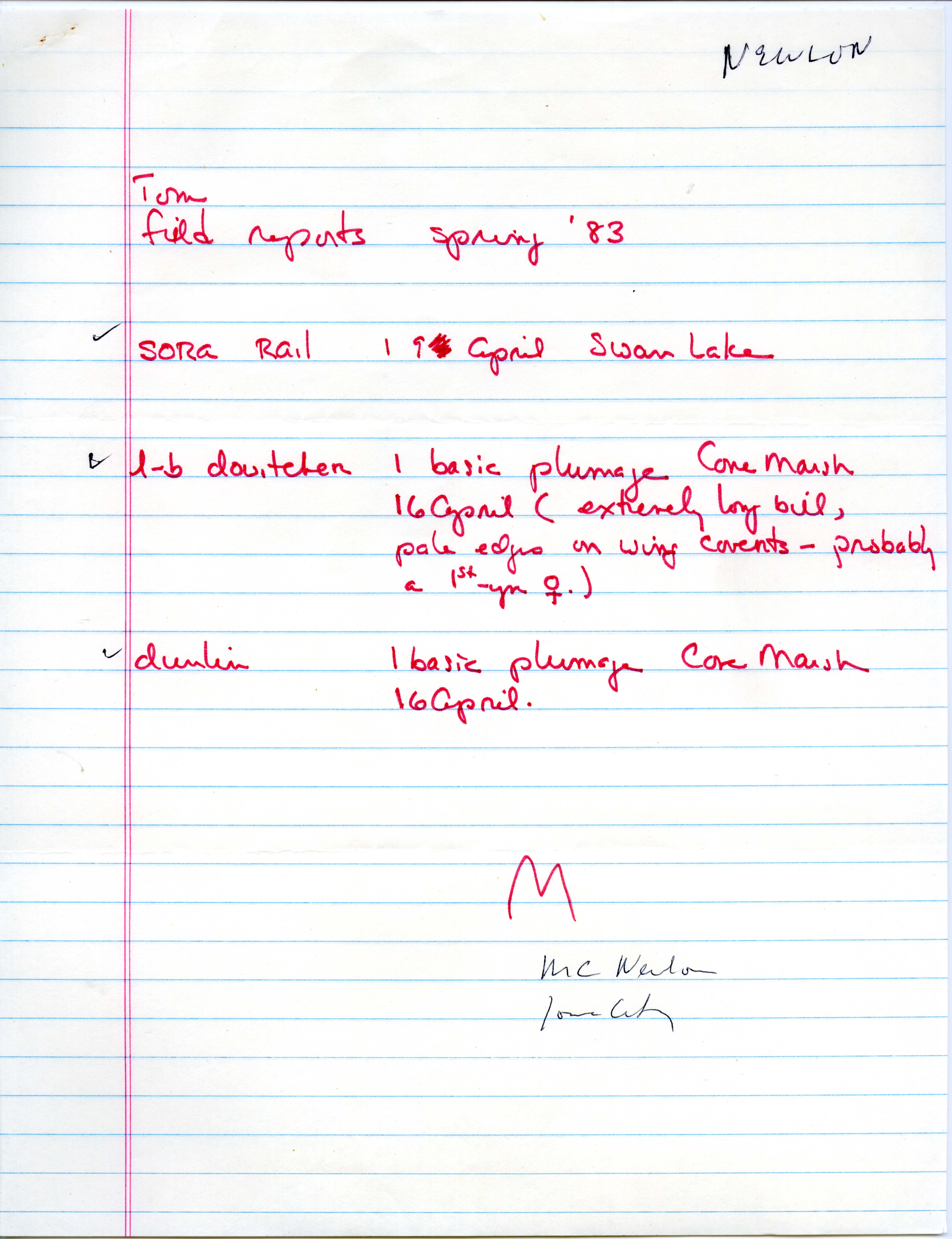 Michael C. Newlon letter to Thomas H. Kent regarding spring bird sightings, spring 1983