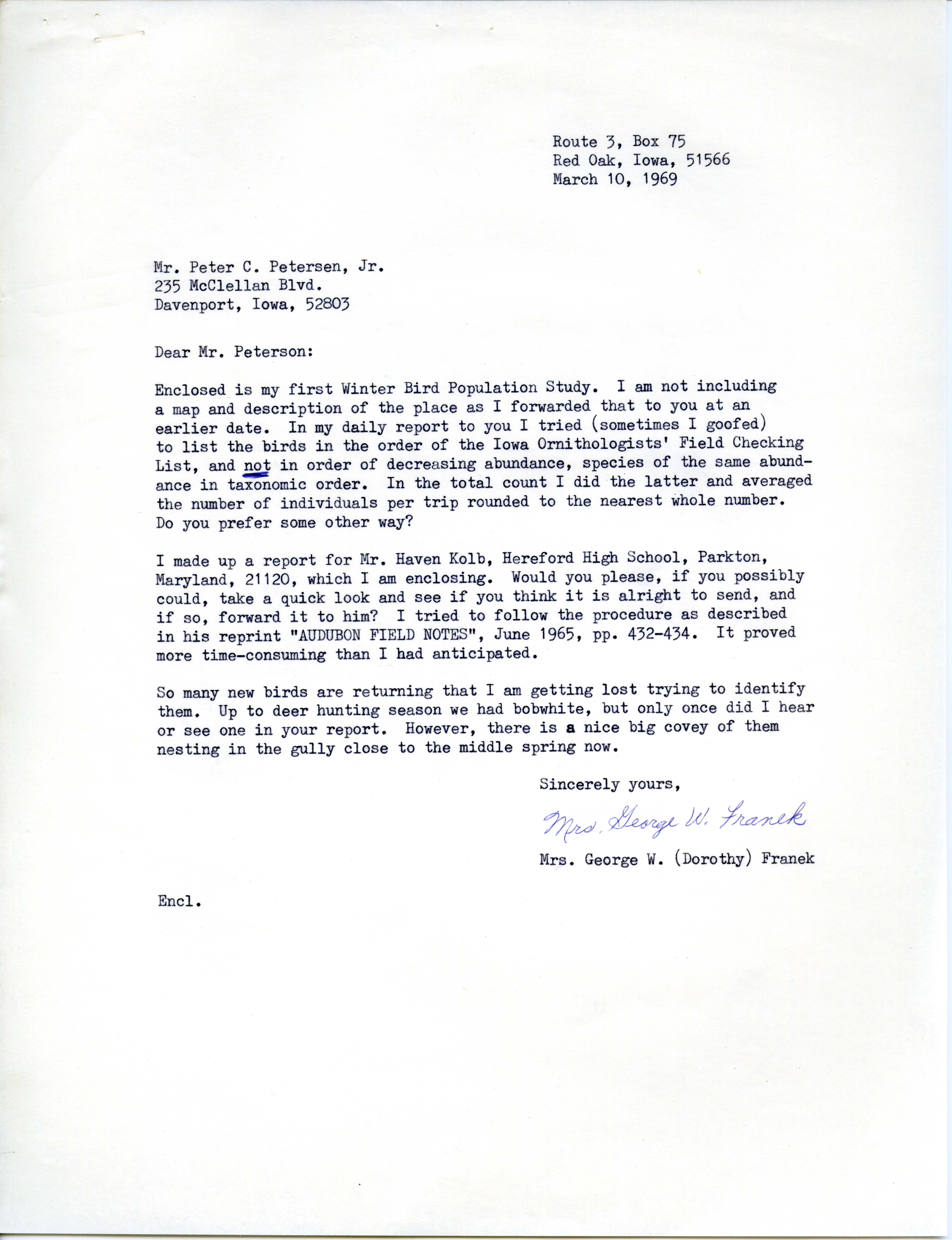 Dorothy Franek letter to Peter C. Peterson regarding her first winter bird population study, March 10, 1969