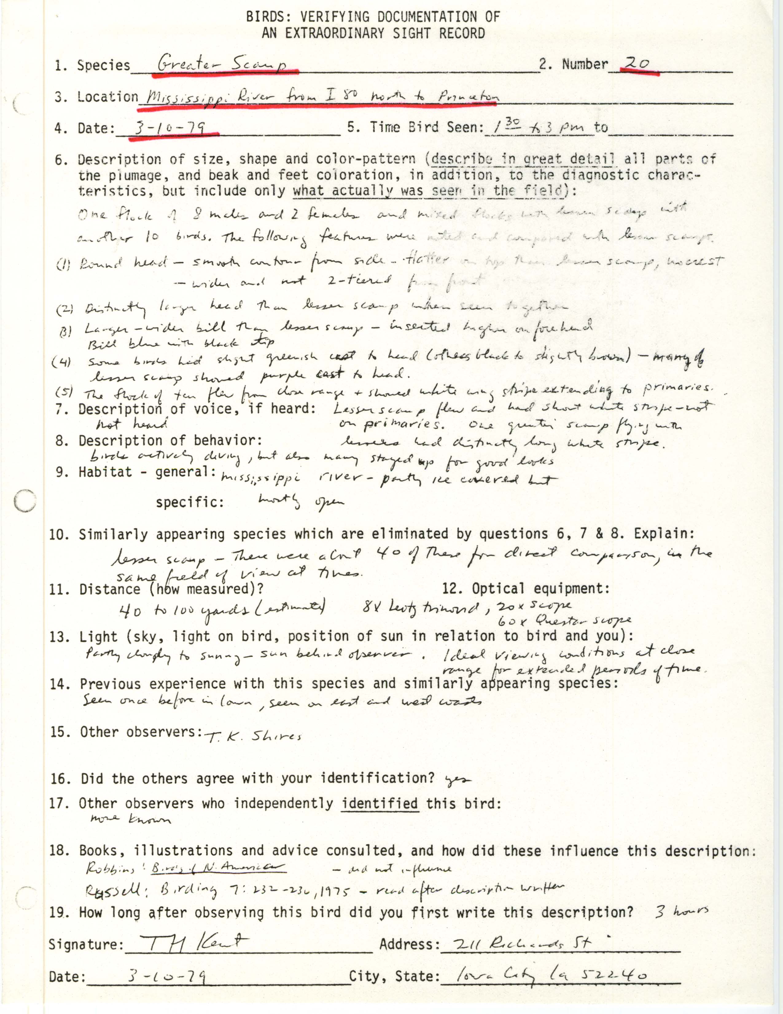 Rare bird documentation form for Greater Scaup at Princeton, 1979
