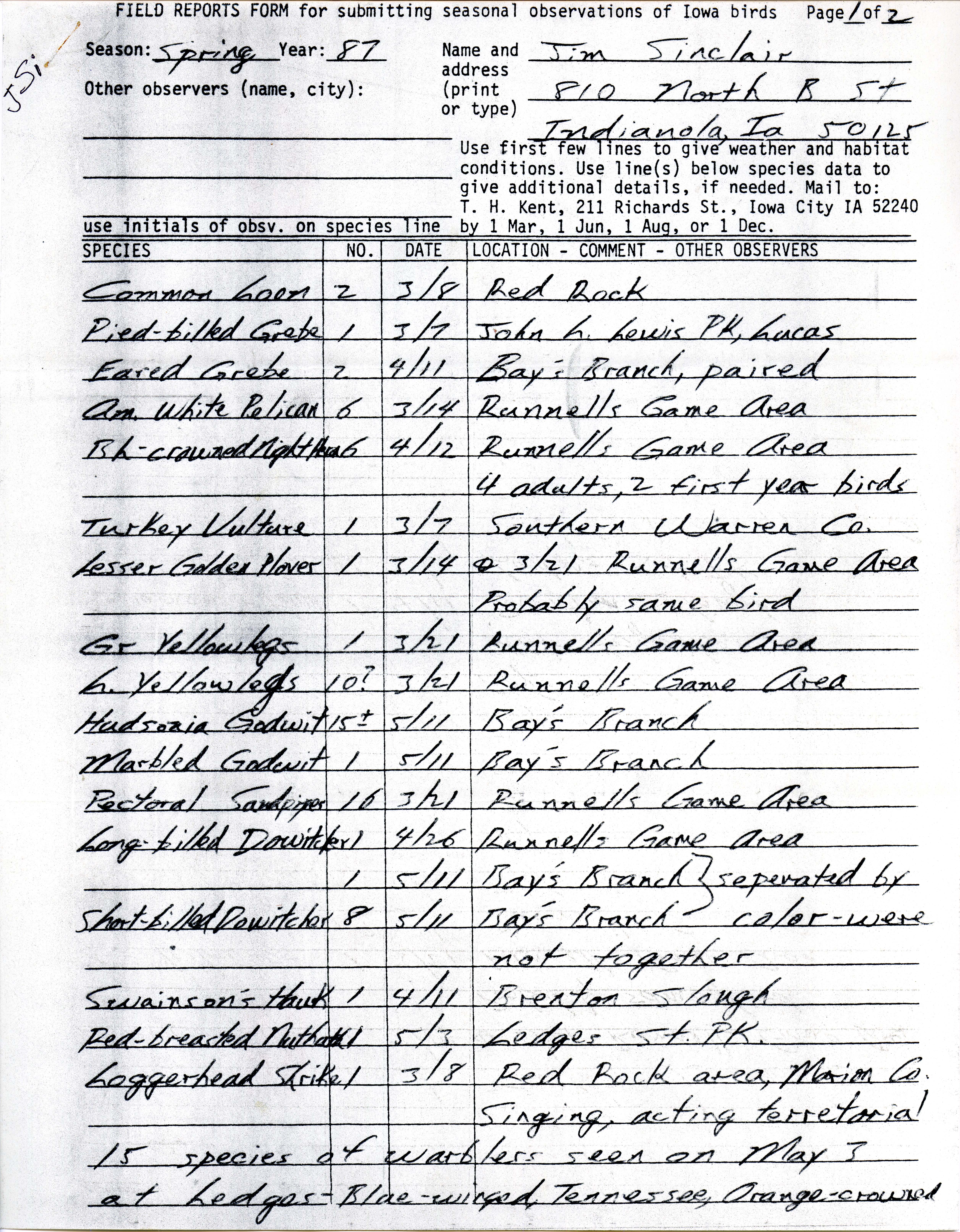 Field reports form for submitting seasonal observations of Iowa birds, Jim Sinclair, spring 1987