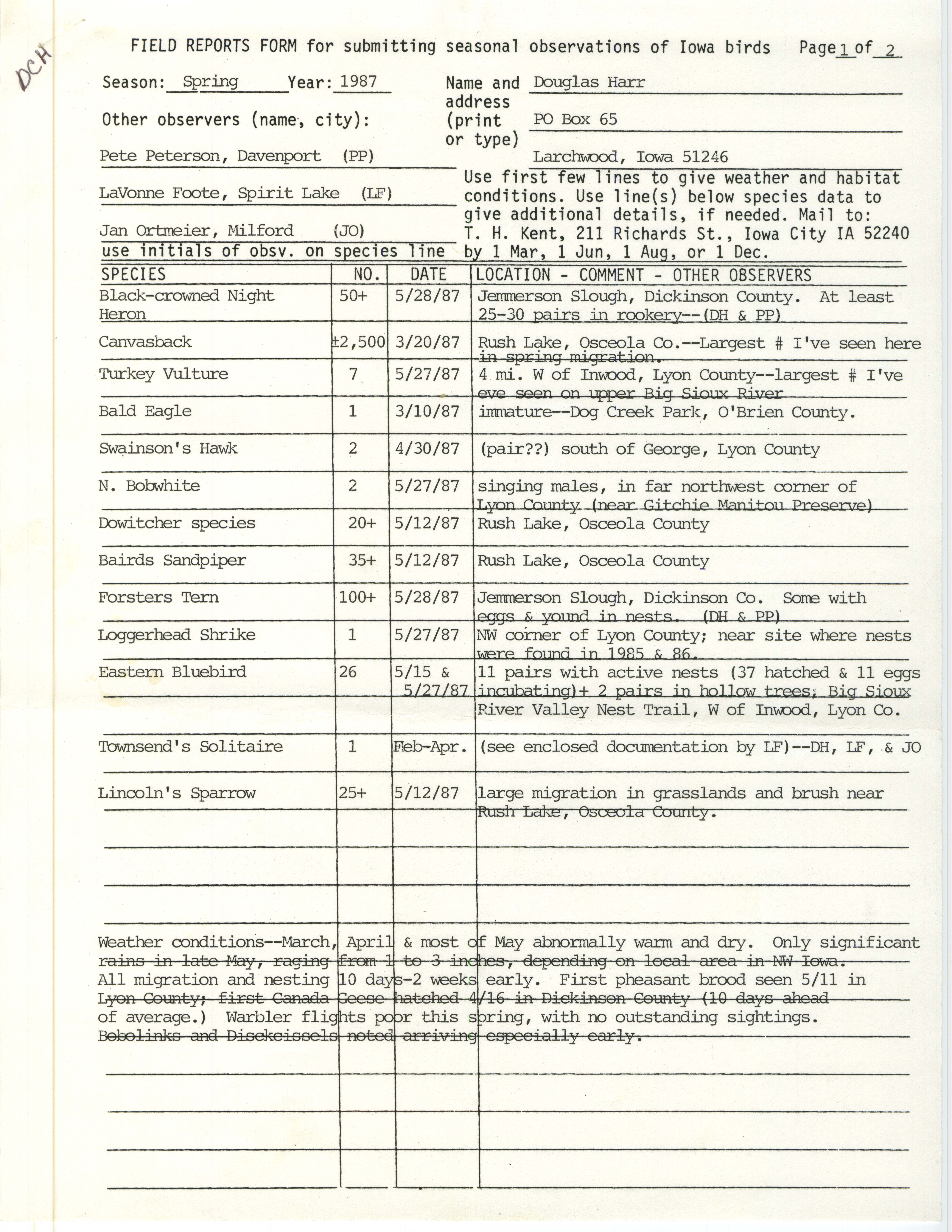 Field reports form for submitting seasonal observations of Iowa birds, Douglas C. Harr, spring 1987
