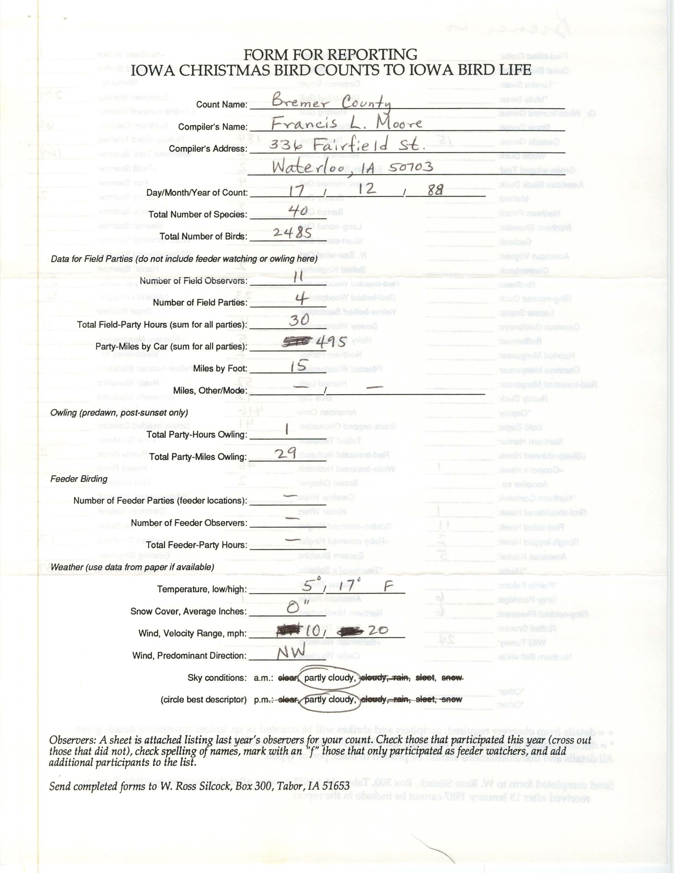 Form for reporting Iowa Christmas bird counts to Iowa Bird Life, Francis L. Moore, December 17, 1988