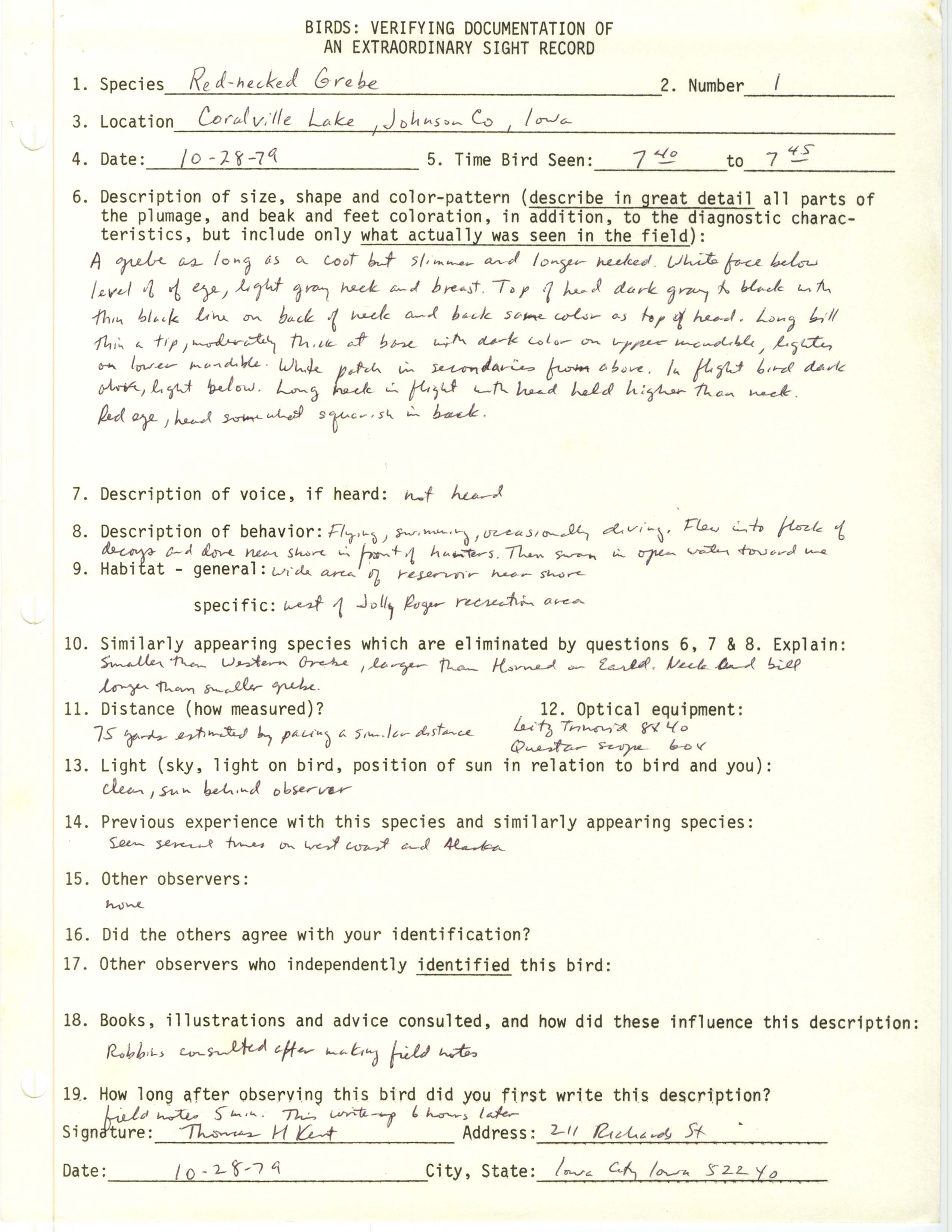 Rare bird documentation form for Red-necked Grebe at Coralville Lake, 1979
