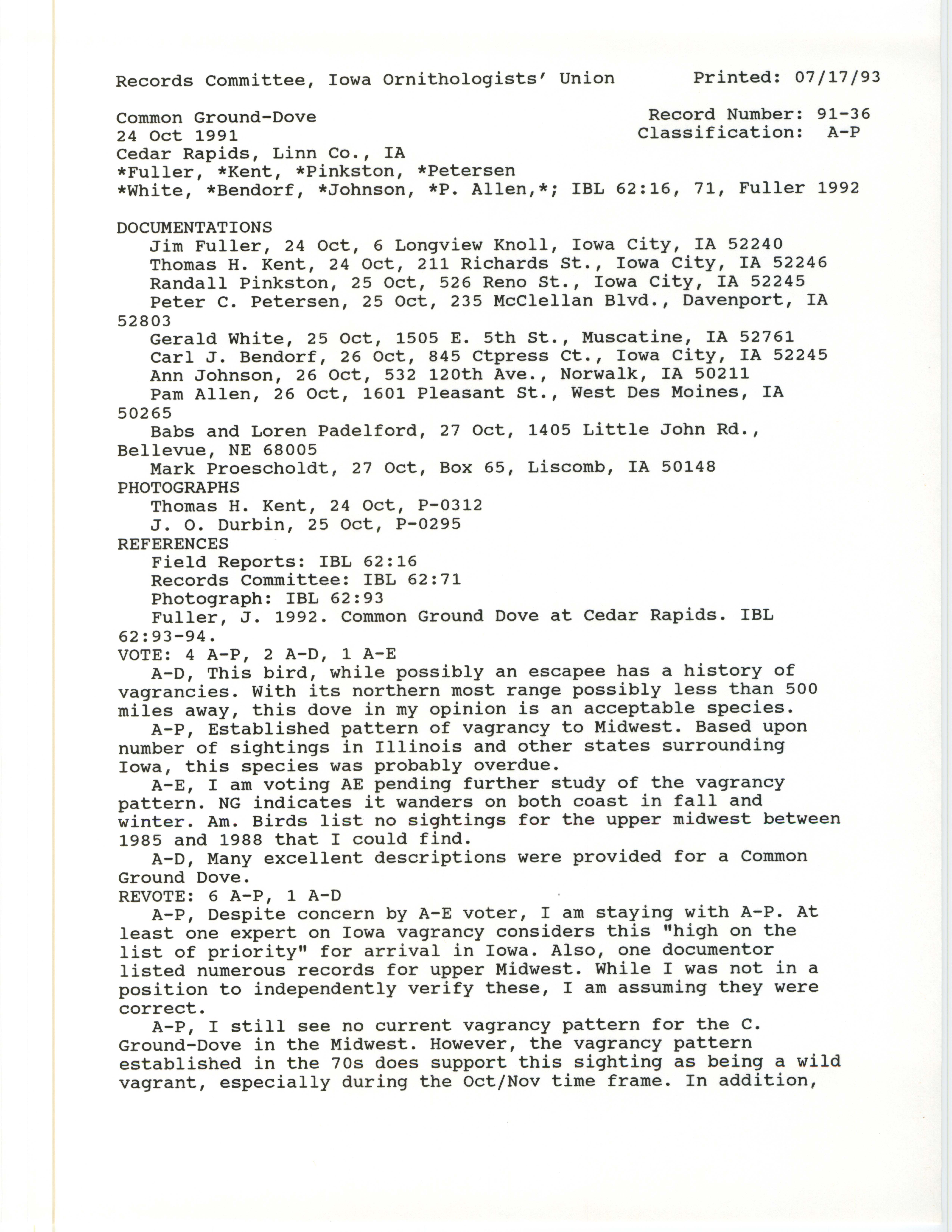 Records Committee review for rare bird sighting for Common Ground-Dove near Mohawk Park at Cedar Rapids, 1991