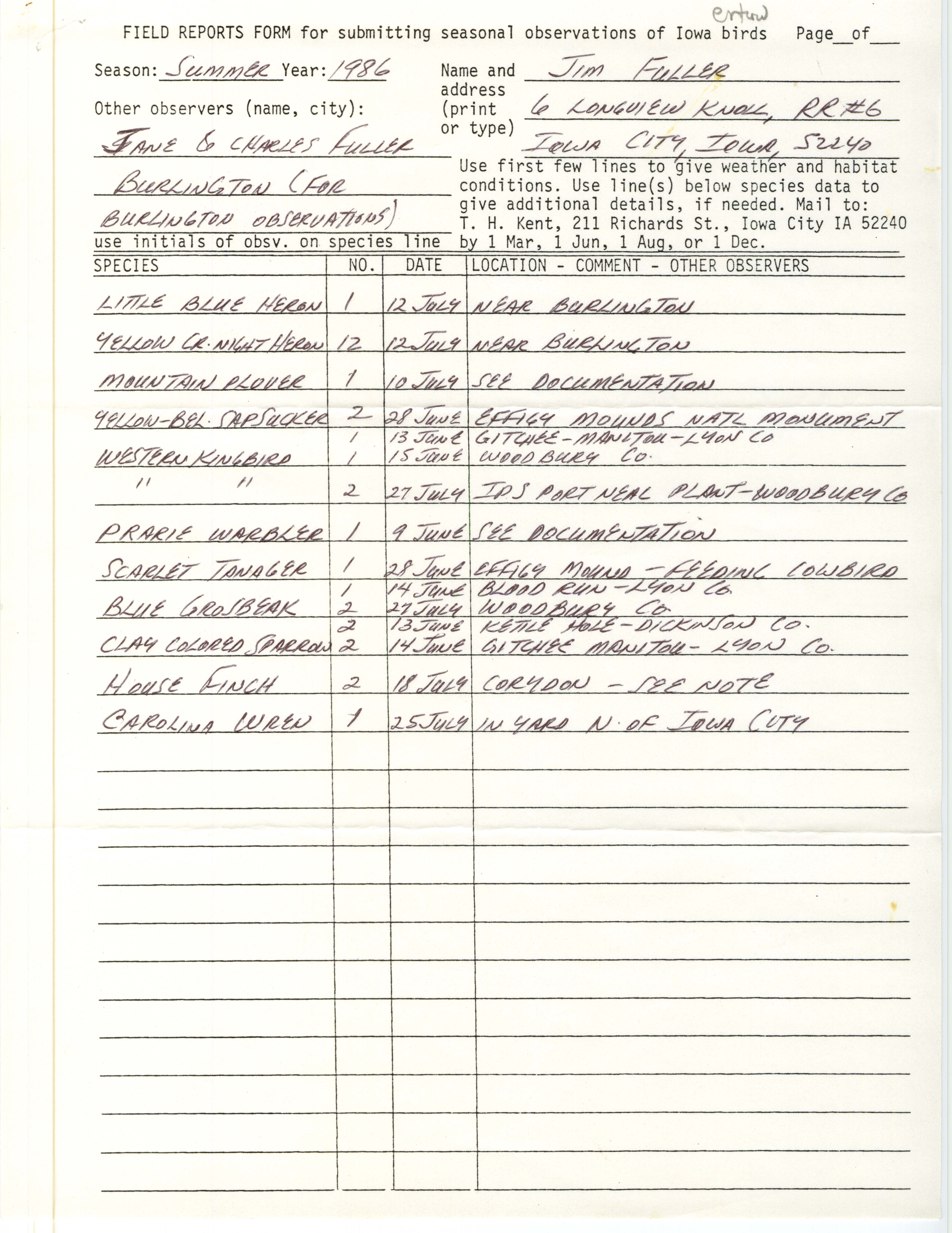 Field reports form for submitting seasonal observations of Iowa birds, James L. Fuller, summer 1986