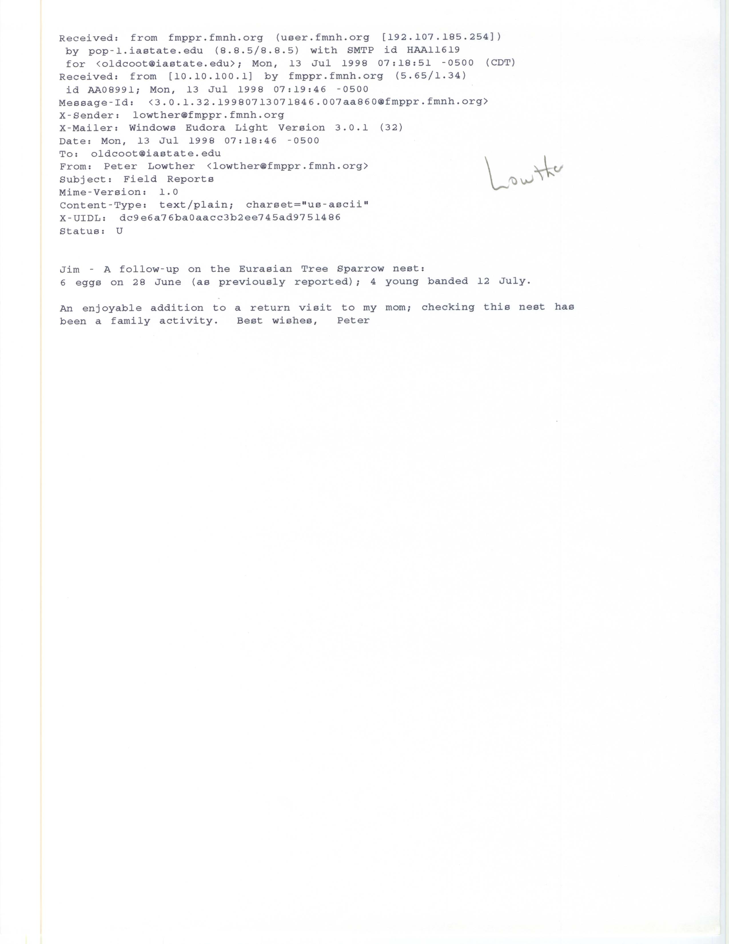 Peter Lowther email to Jim Dinsmore regarding Eurasian Tree Sparrow nest, July 13, 1998
