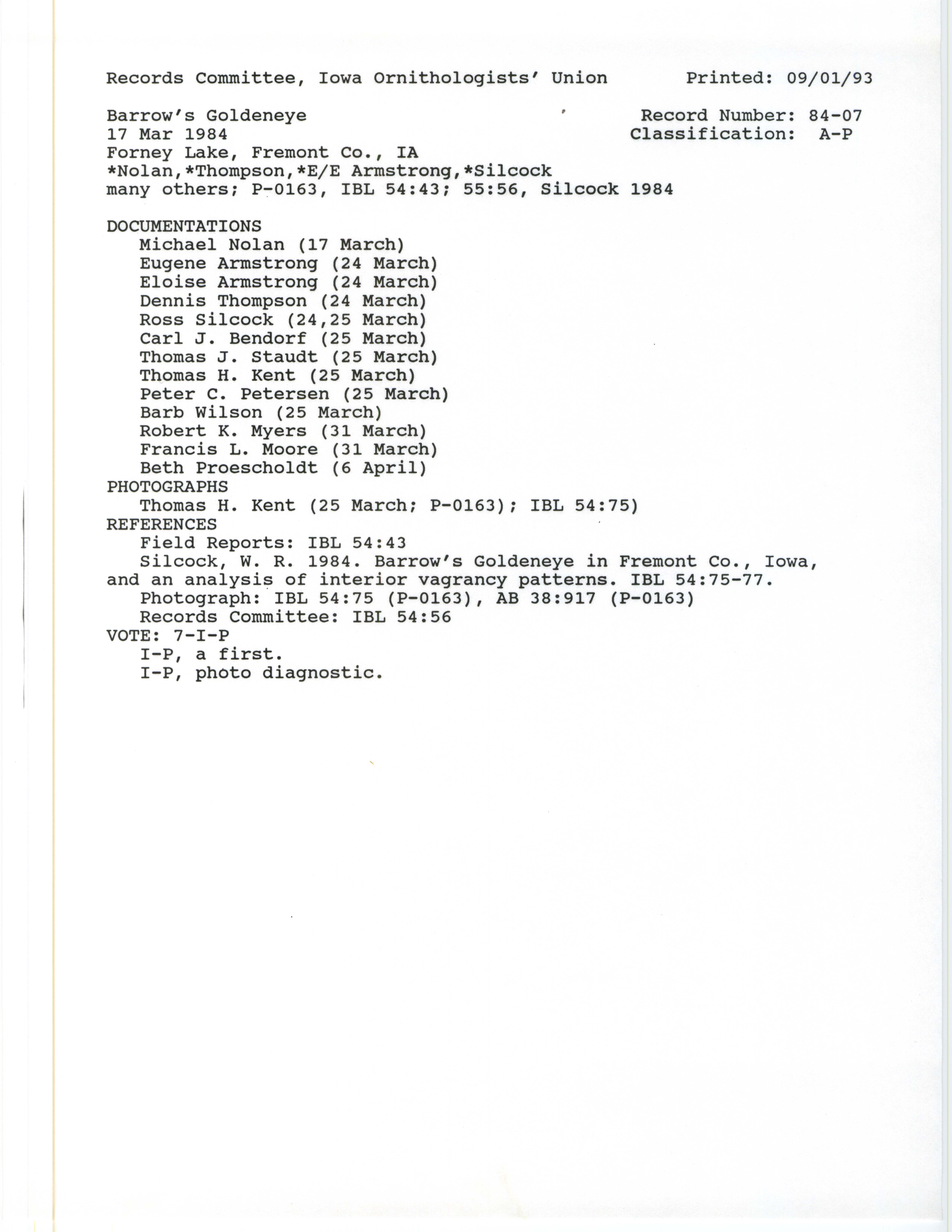 Records Committee review for rare bird sighting for Barrow's Goldeneye at Forney Lake, 1984