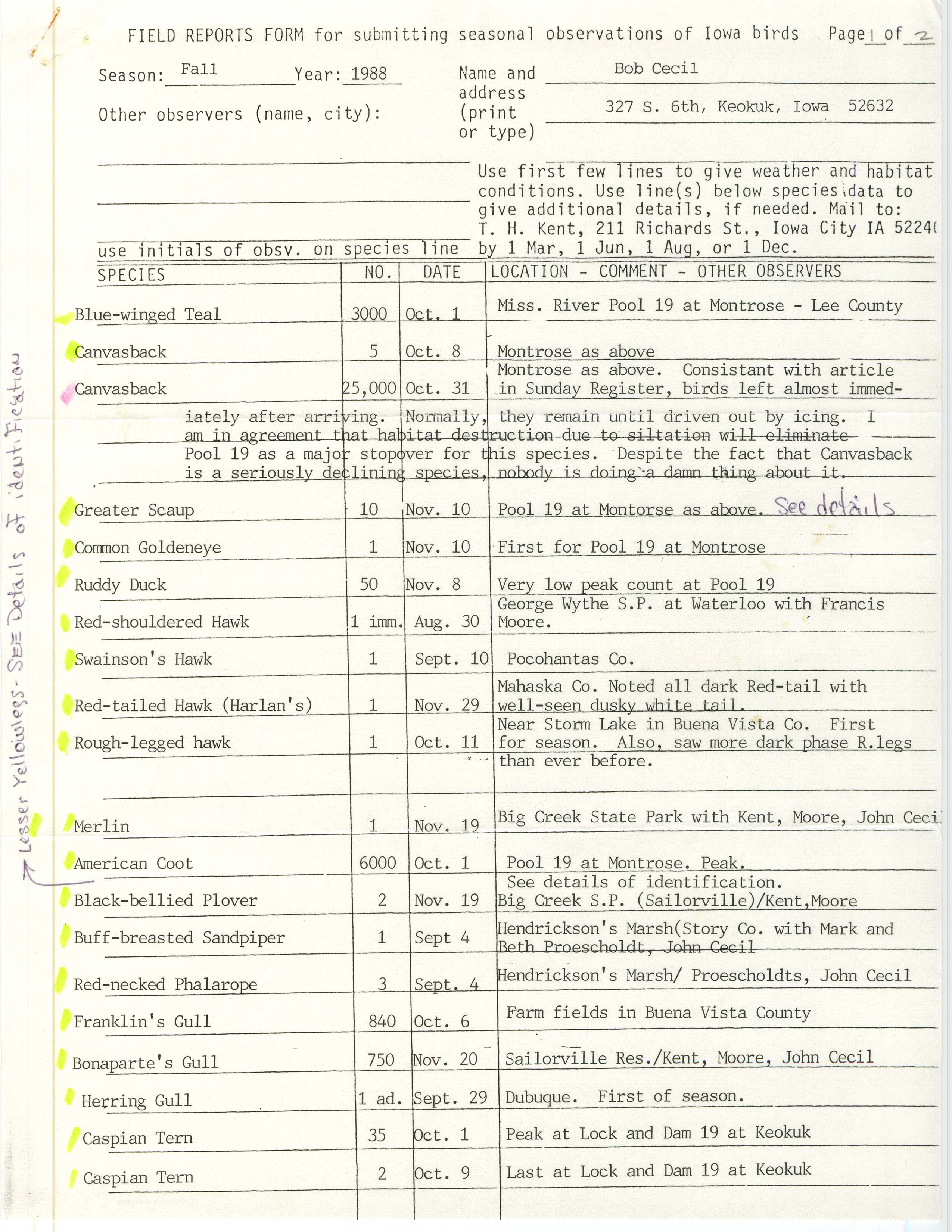 Field reports form for submitting seasonal observations of Iowa birds, Robert I. Cecil, fall 1988