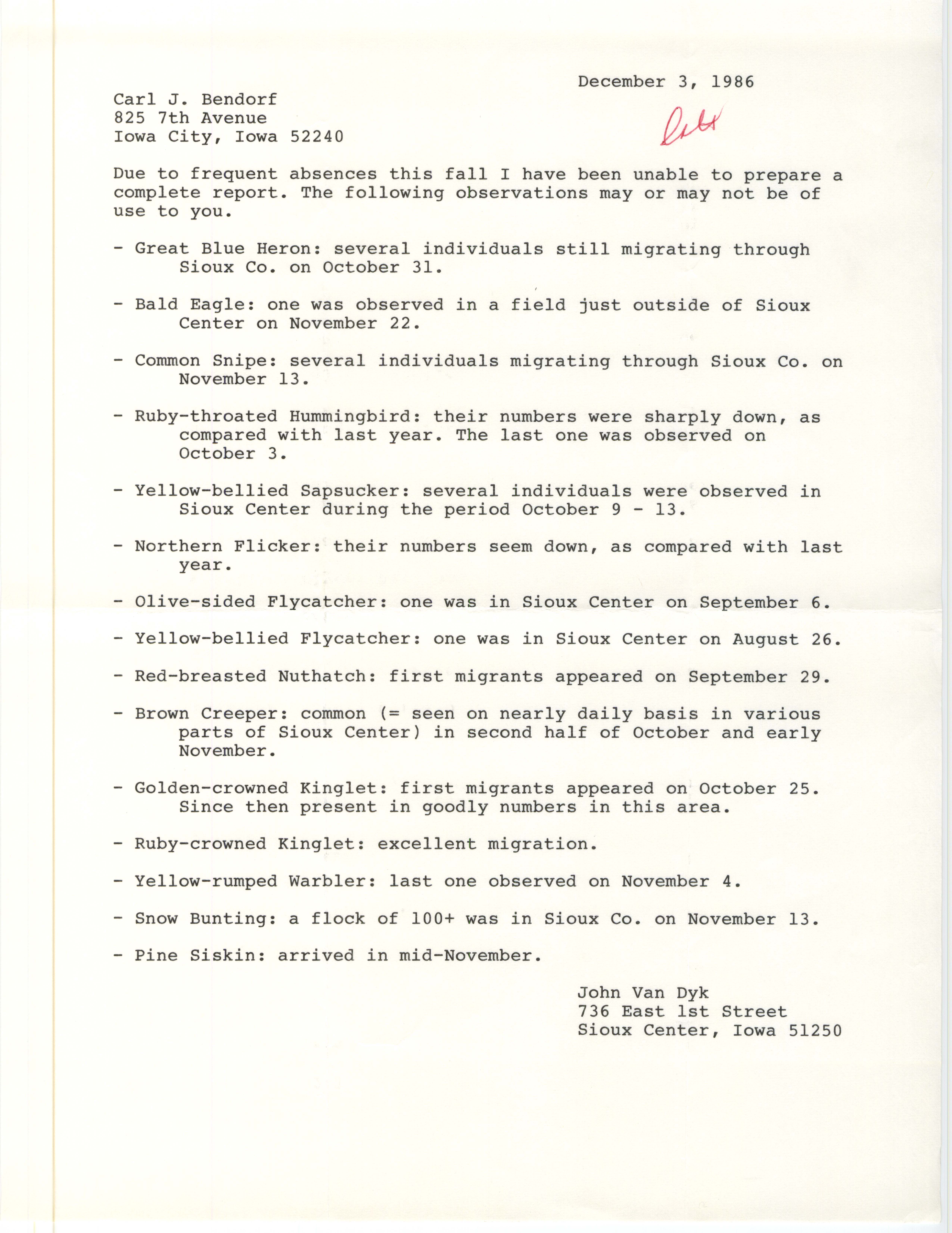 John Van Dyke letter to Carl J. Bendorf regarding bird sightings, December 3, 1986