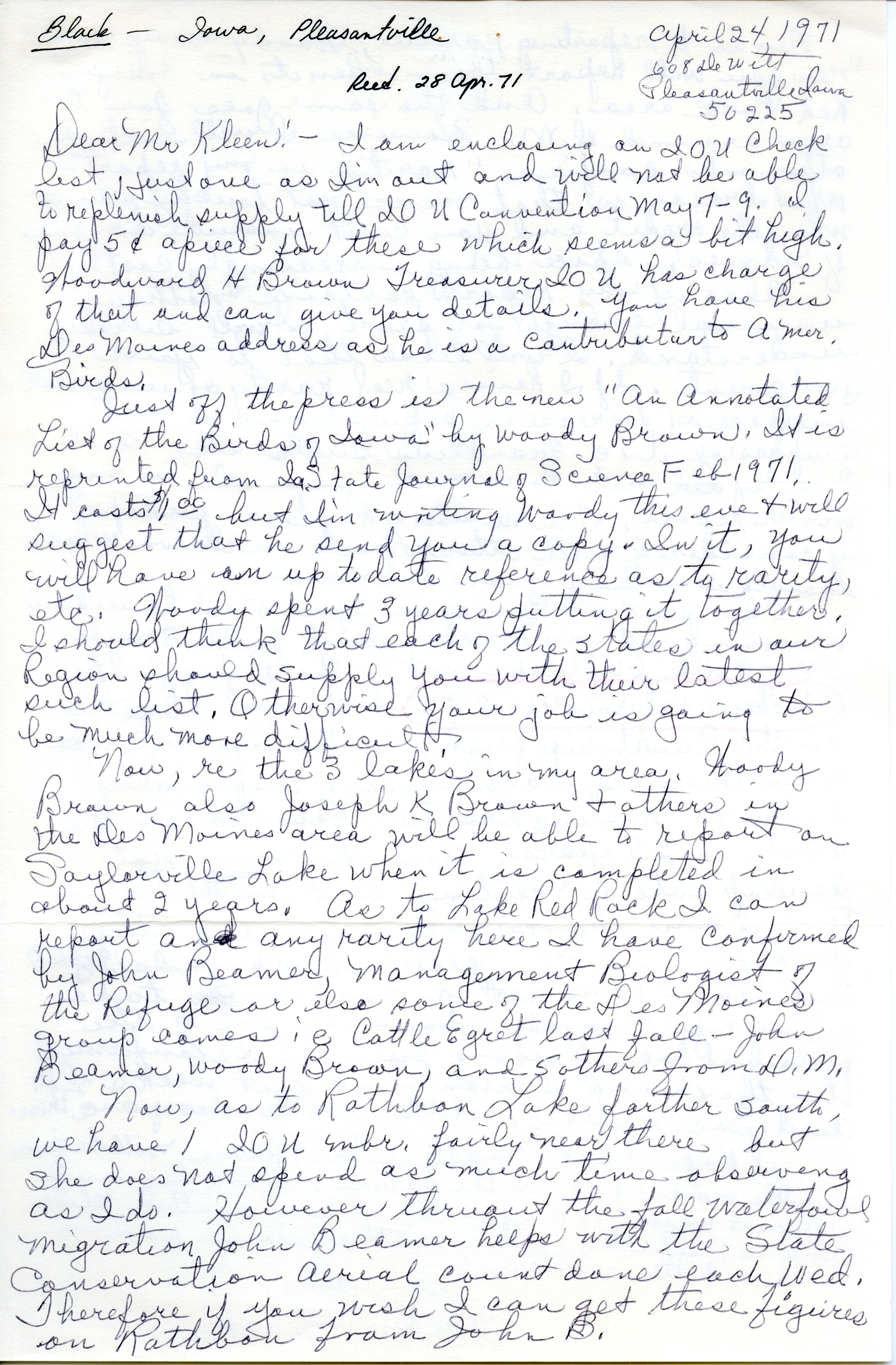 Gladys Black letter to Vernon Kleen regarding activities of Iowa Ornithologists' Union members, April 24, 1971