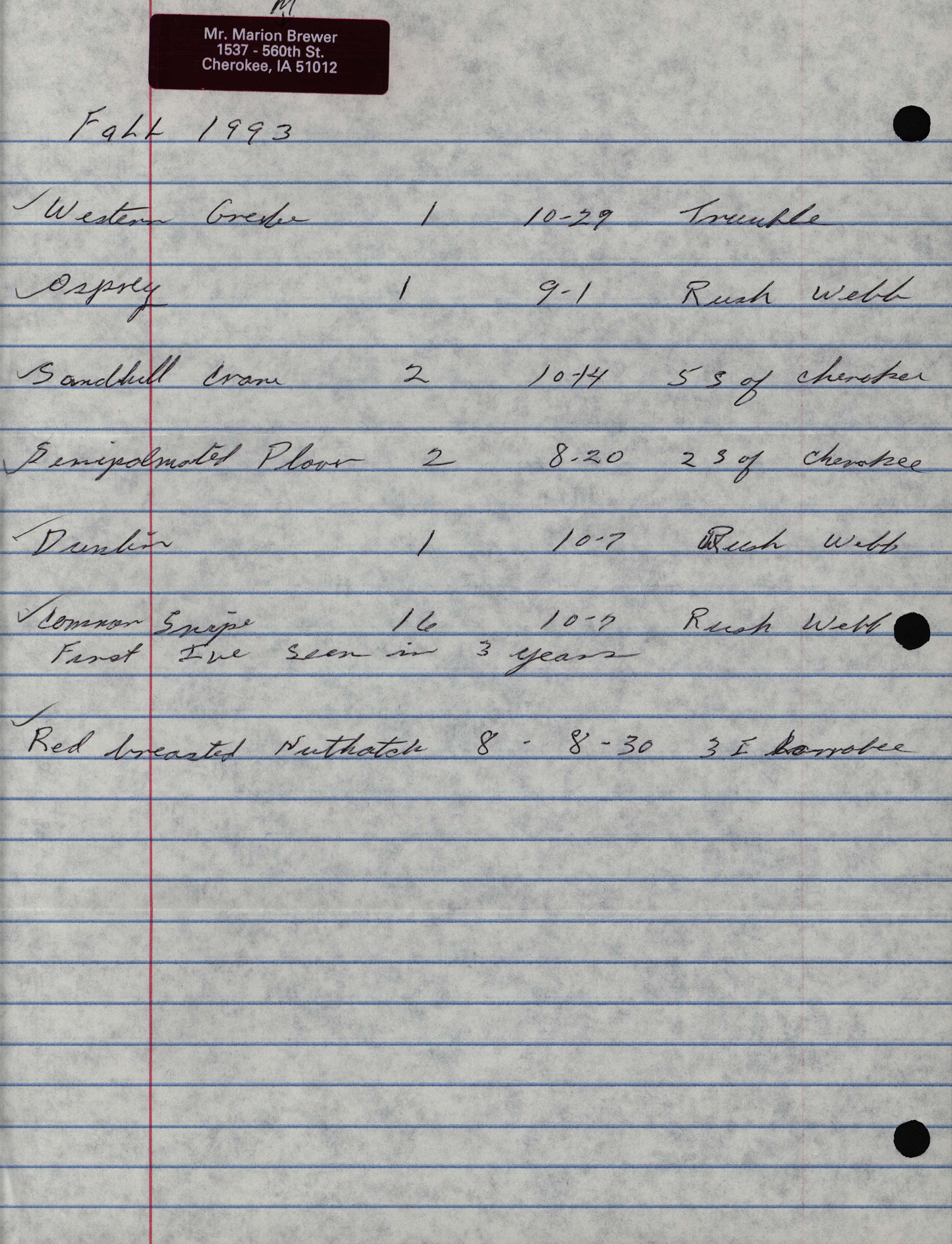 Field notes contributed by Marion M. Brewer, fall 1993
