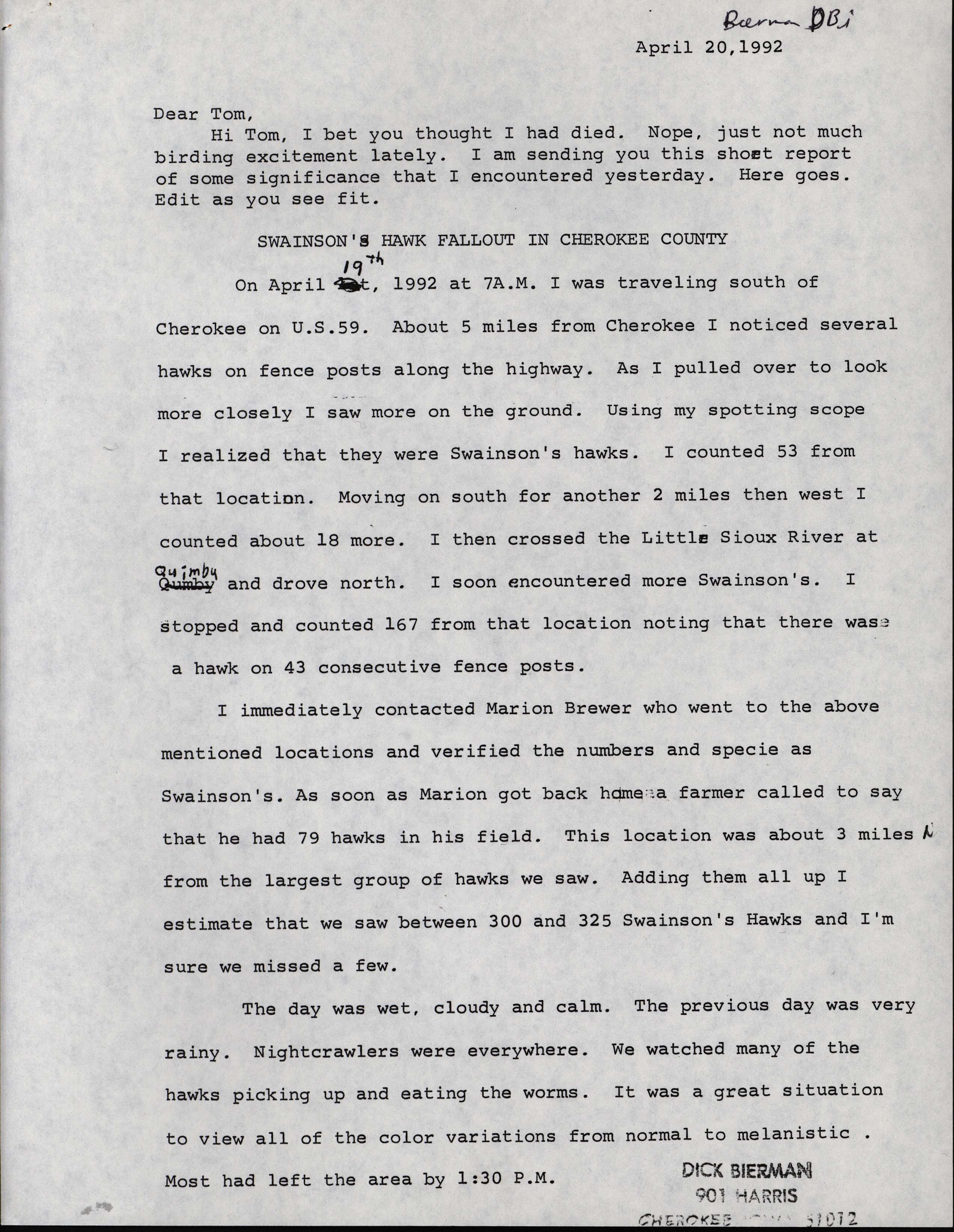 Dick Bierman letter to Thomas H. Kent regarding Swainson's Hawk sightings, April 20, 1992