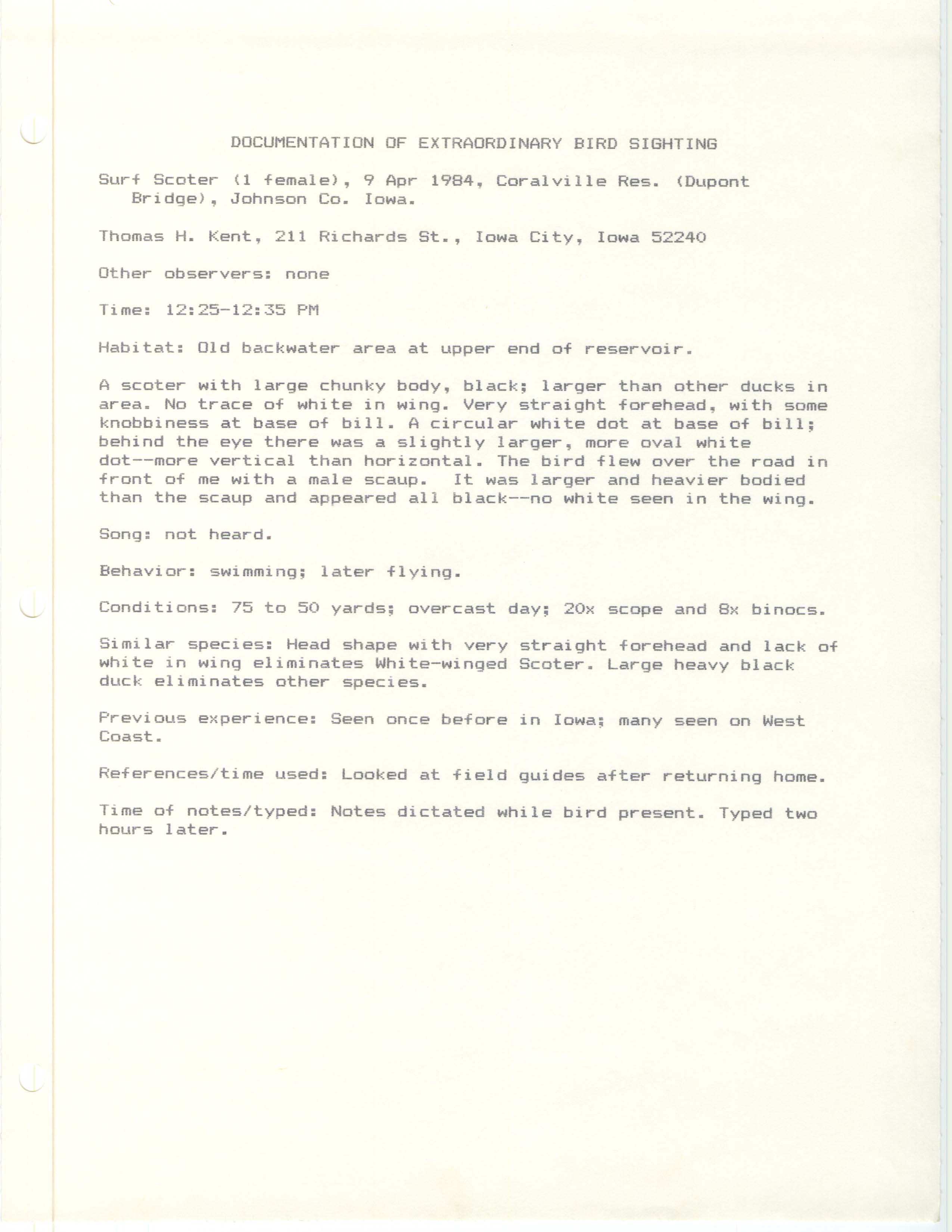 Rare bird documentation form for Surf Scoter at Coralville Reservoir, 1984