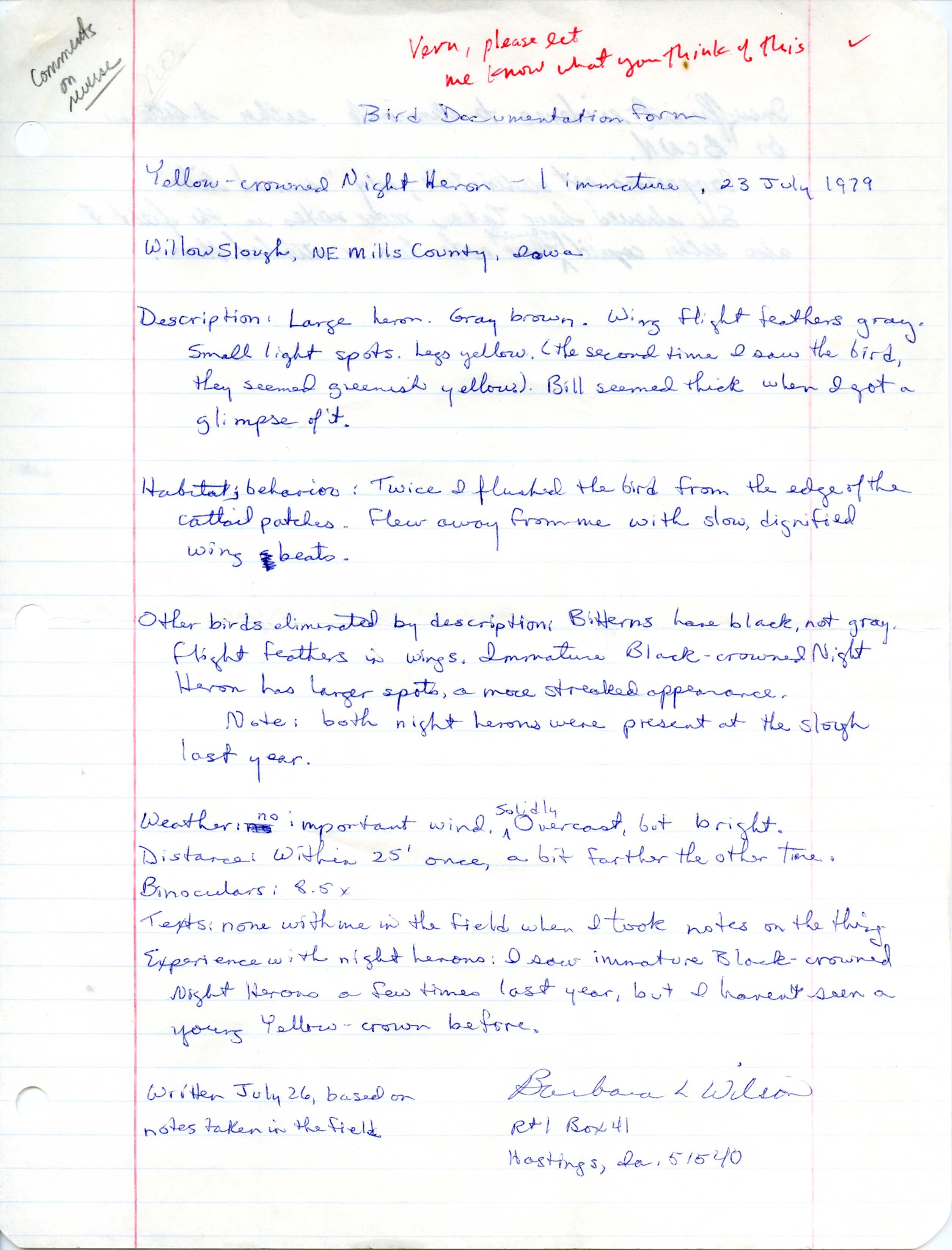 Rare bird documentation form for Yellow-crowned Night Heron at Willow Slough, 1979