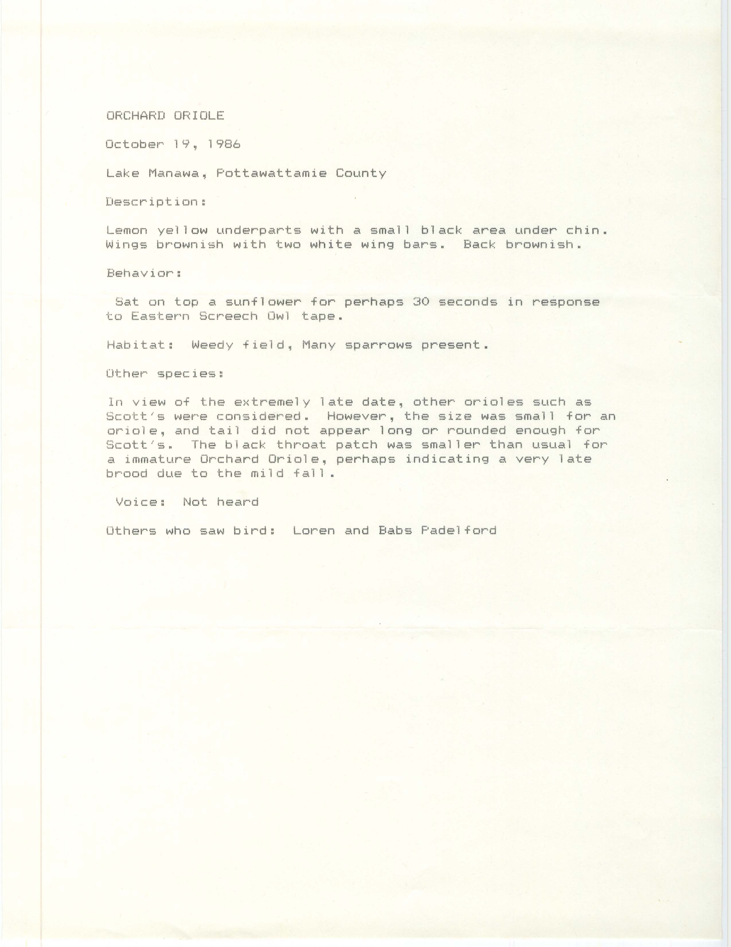 Rare bird documentation form for Orchard Oriole at Lake Manawa in 1986