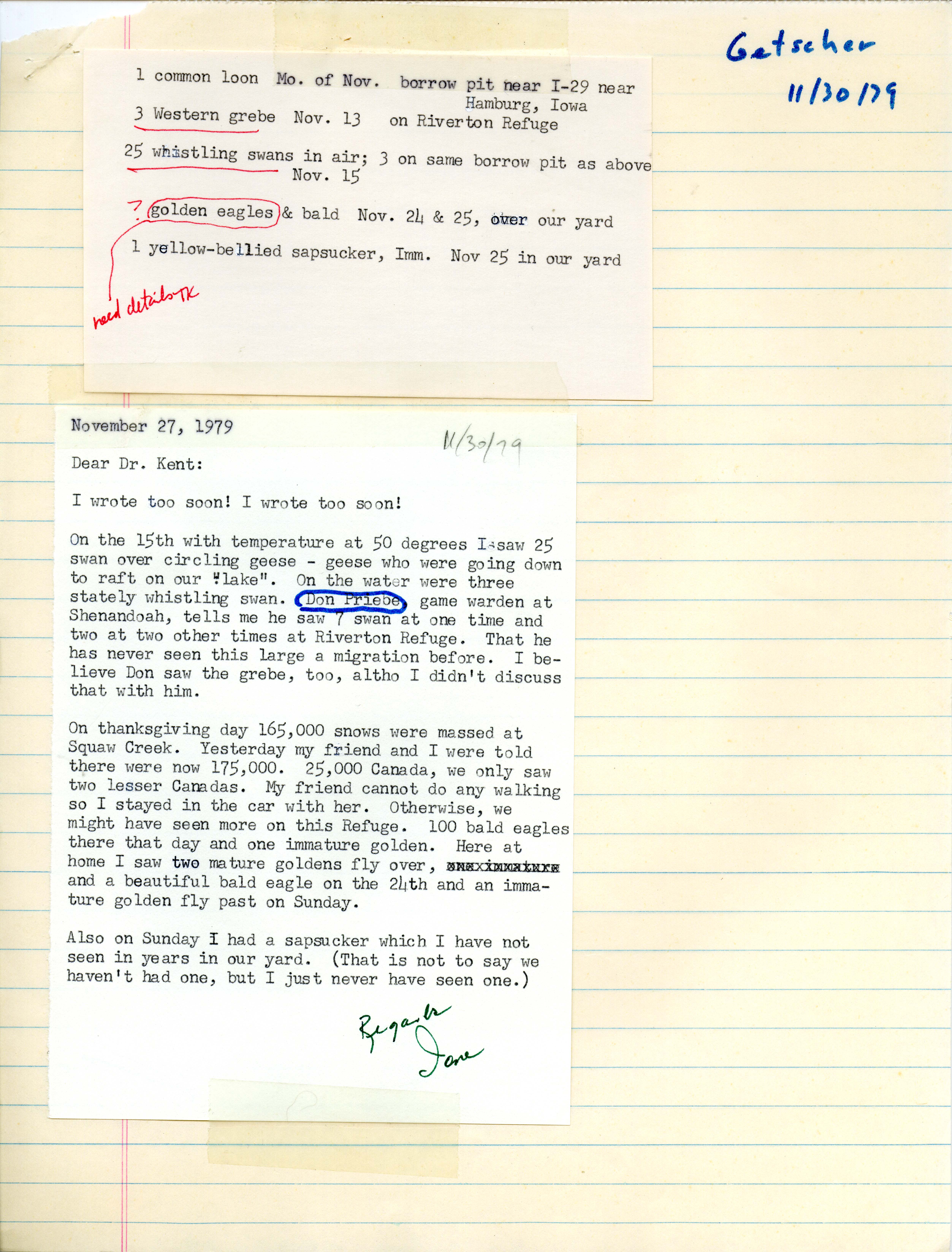Ione Getscher letter to Thomas H. Kent regarding bird sightings, November 27, 1979