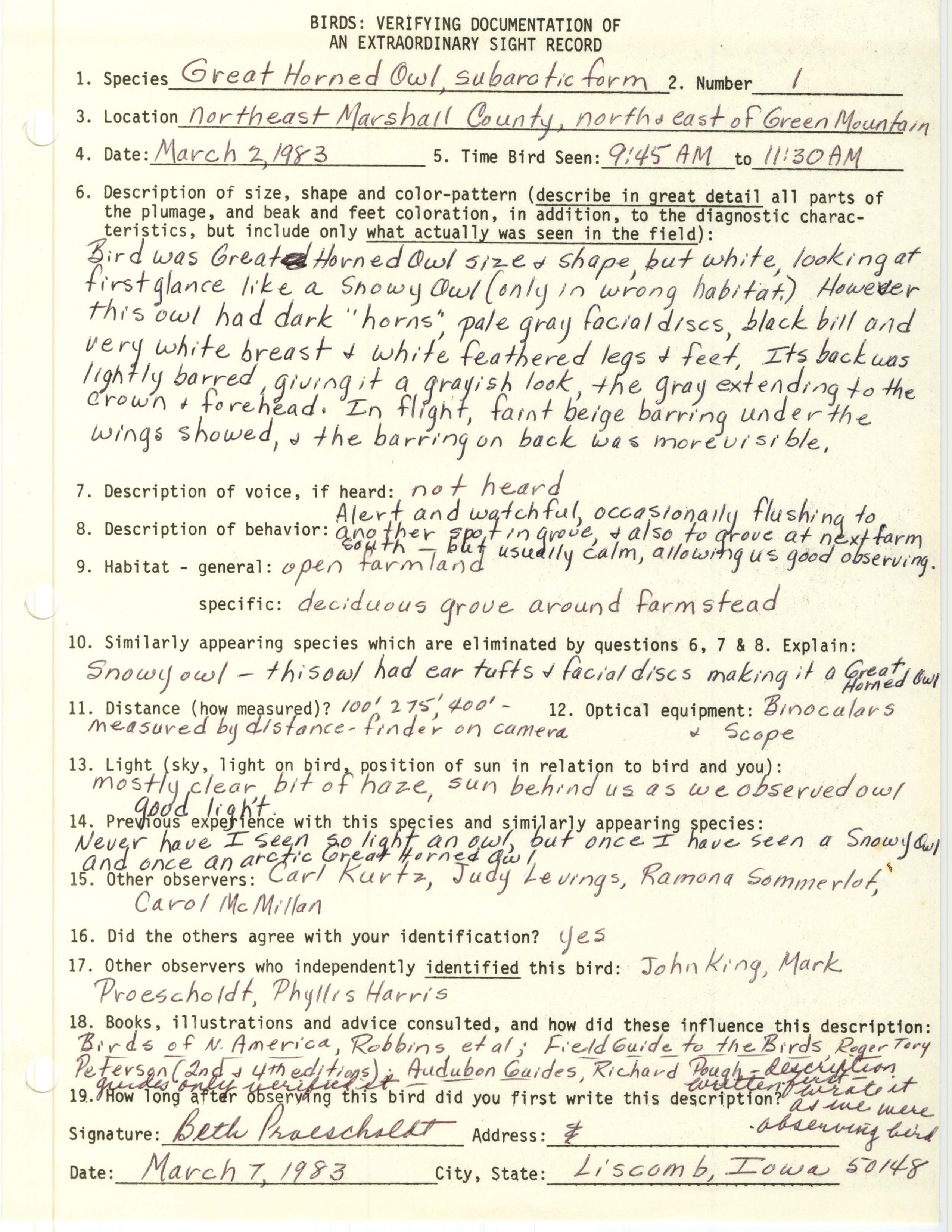 Rare bird documentation form for Great Horned Owl northeast of Green Mountain, 1983