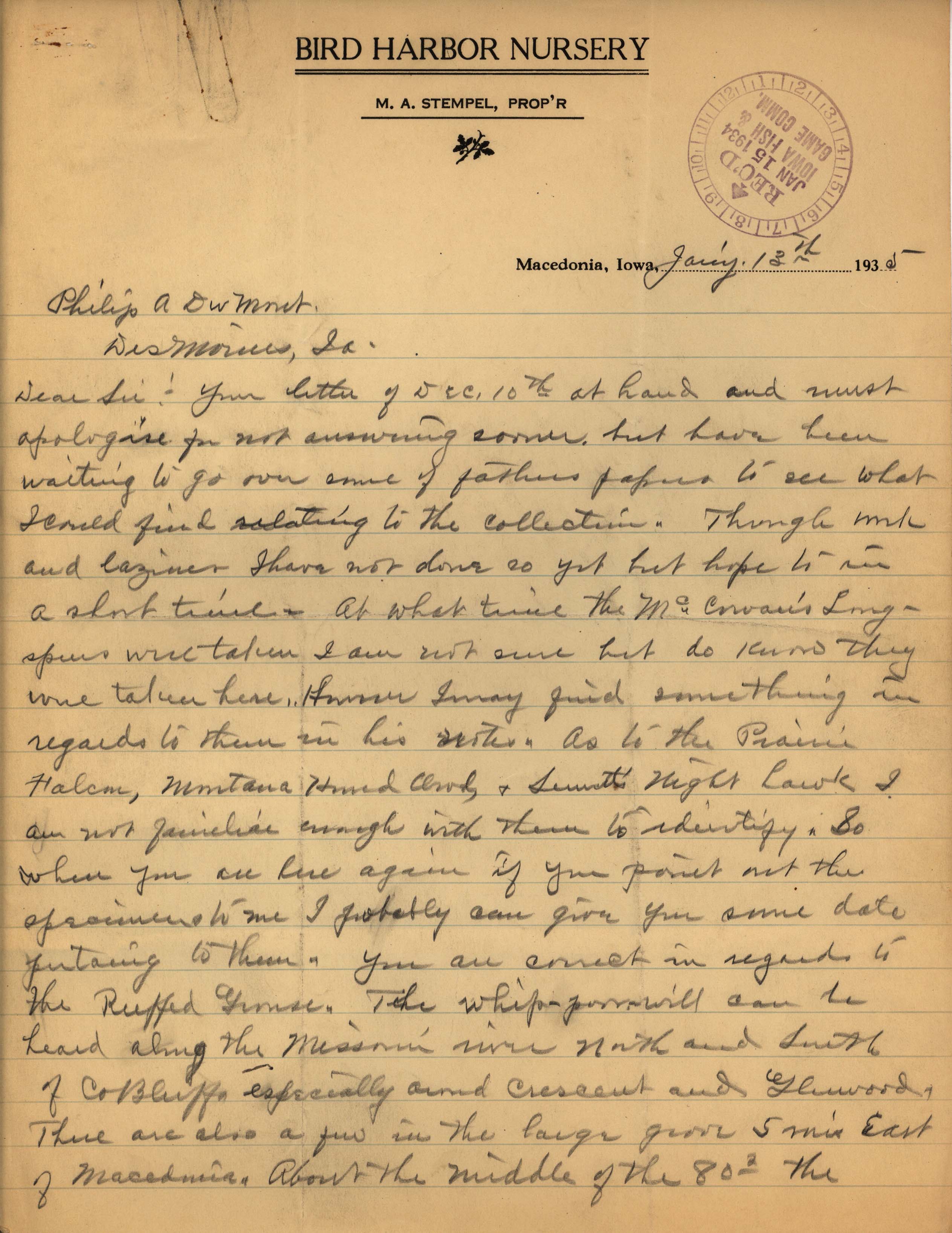 Max Stempel letter to Philip DuMont regarding details about bird specimens, January 13, 1935