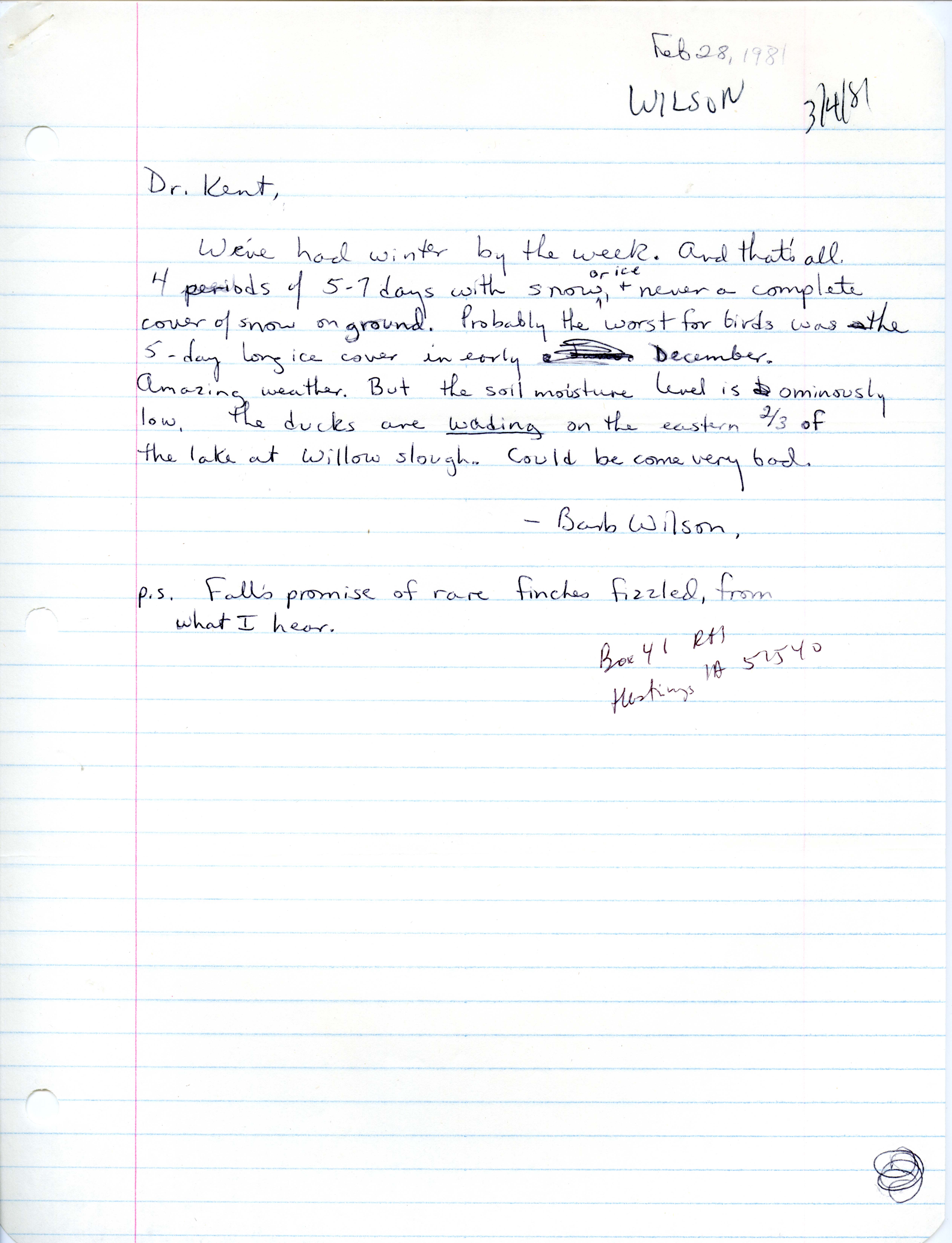 Barb Wilson letter to Thomas Kent regarding Winter birds sighted, February 28, 1981
