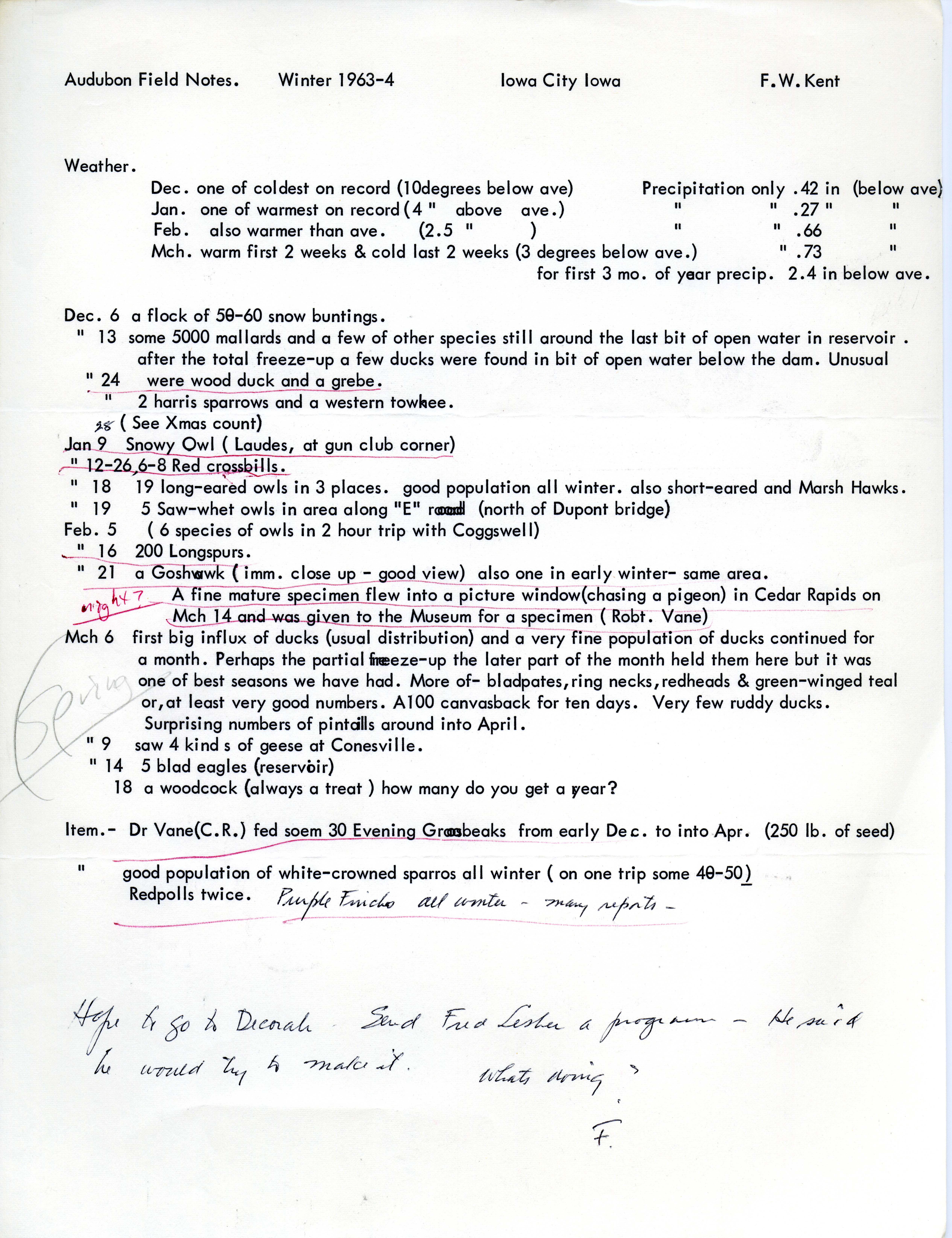 Audubon field notes for winter migration 1963-1964 contributed by Frederick W. Kent 