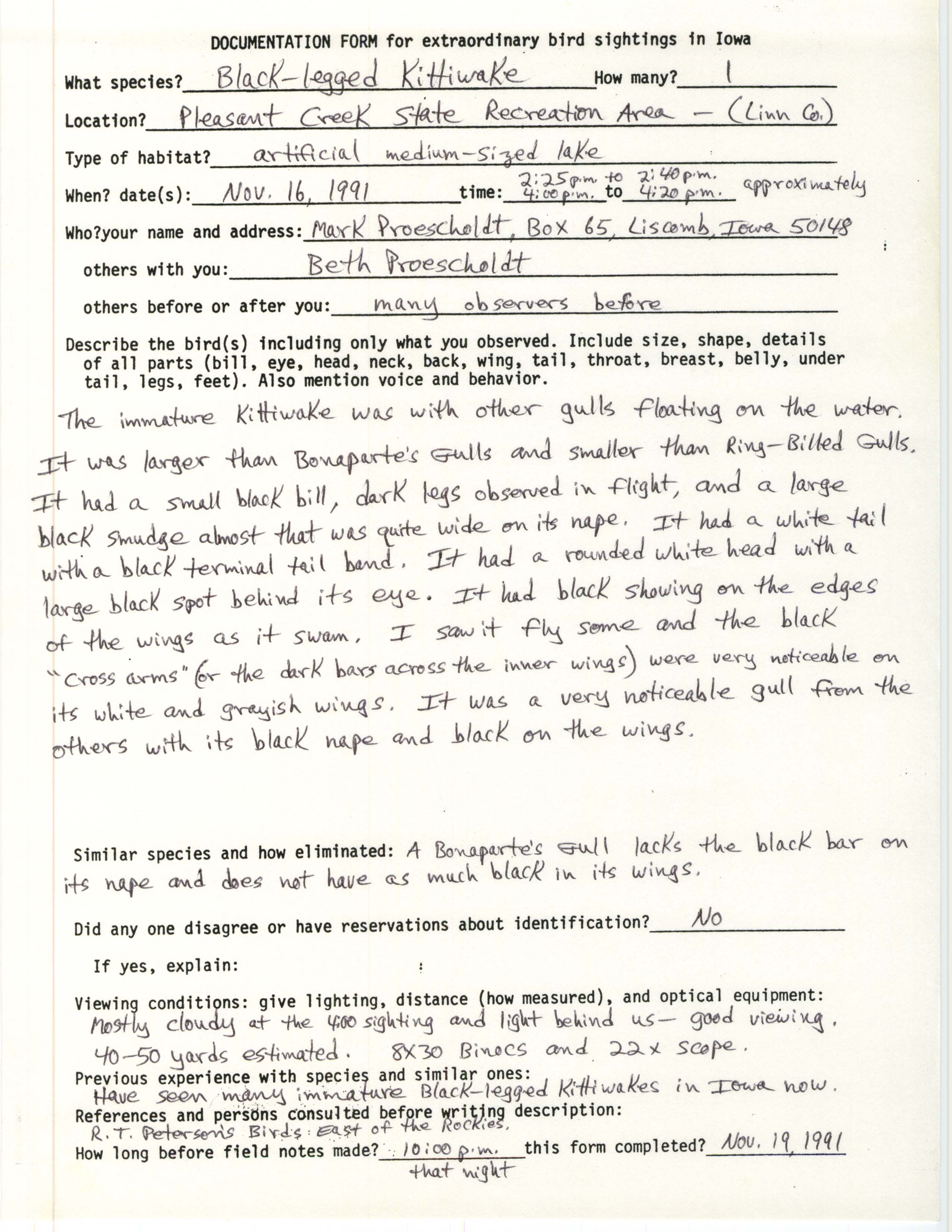 Rare bird documentation form for Black-legged Kittiwake at Pleasant Creek State Recreation Area, 1991