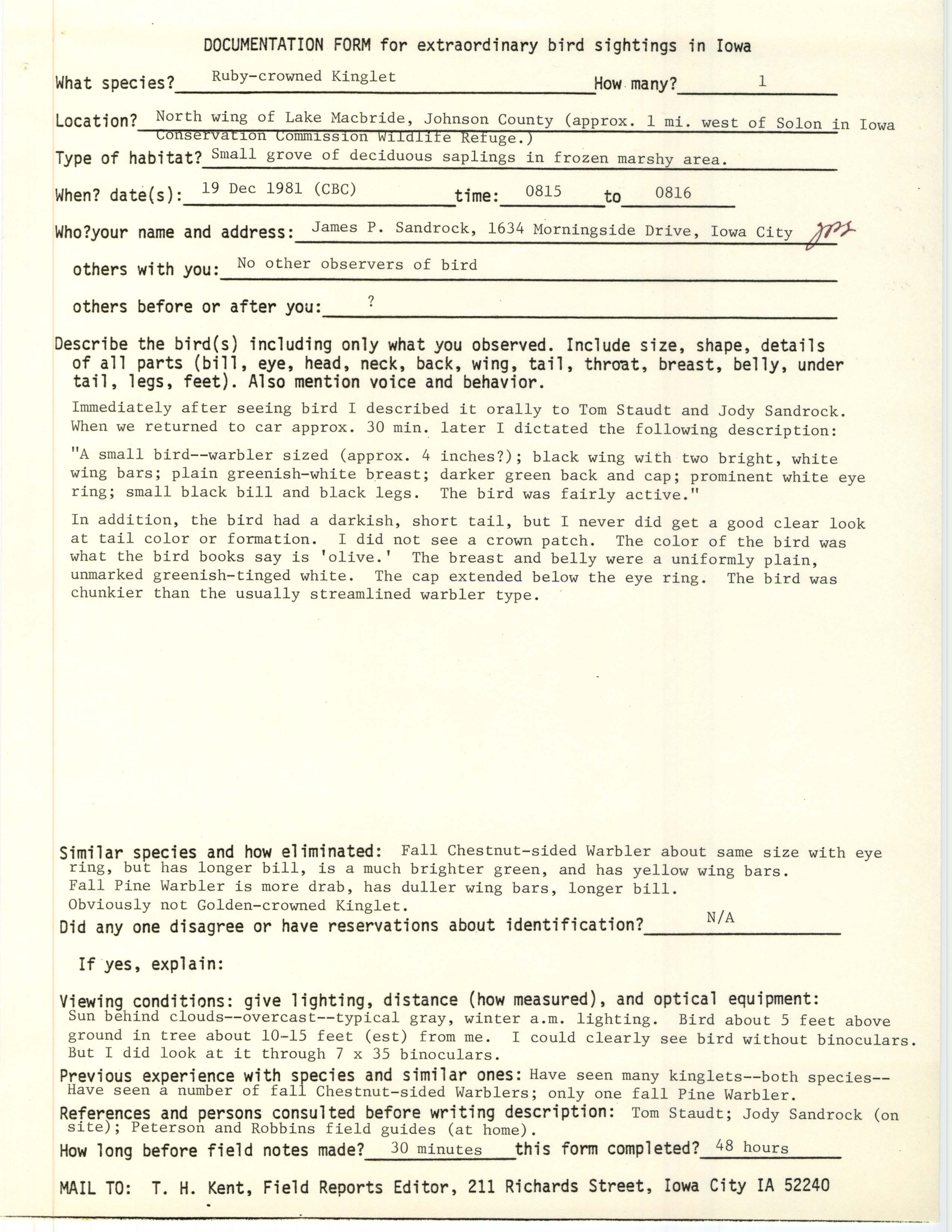 Rare bird documentation form for Ruby-crowned Kinglet at Lake MacBride, 1981
