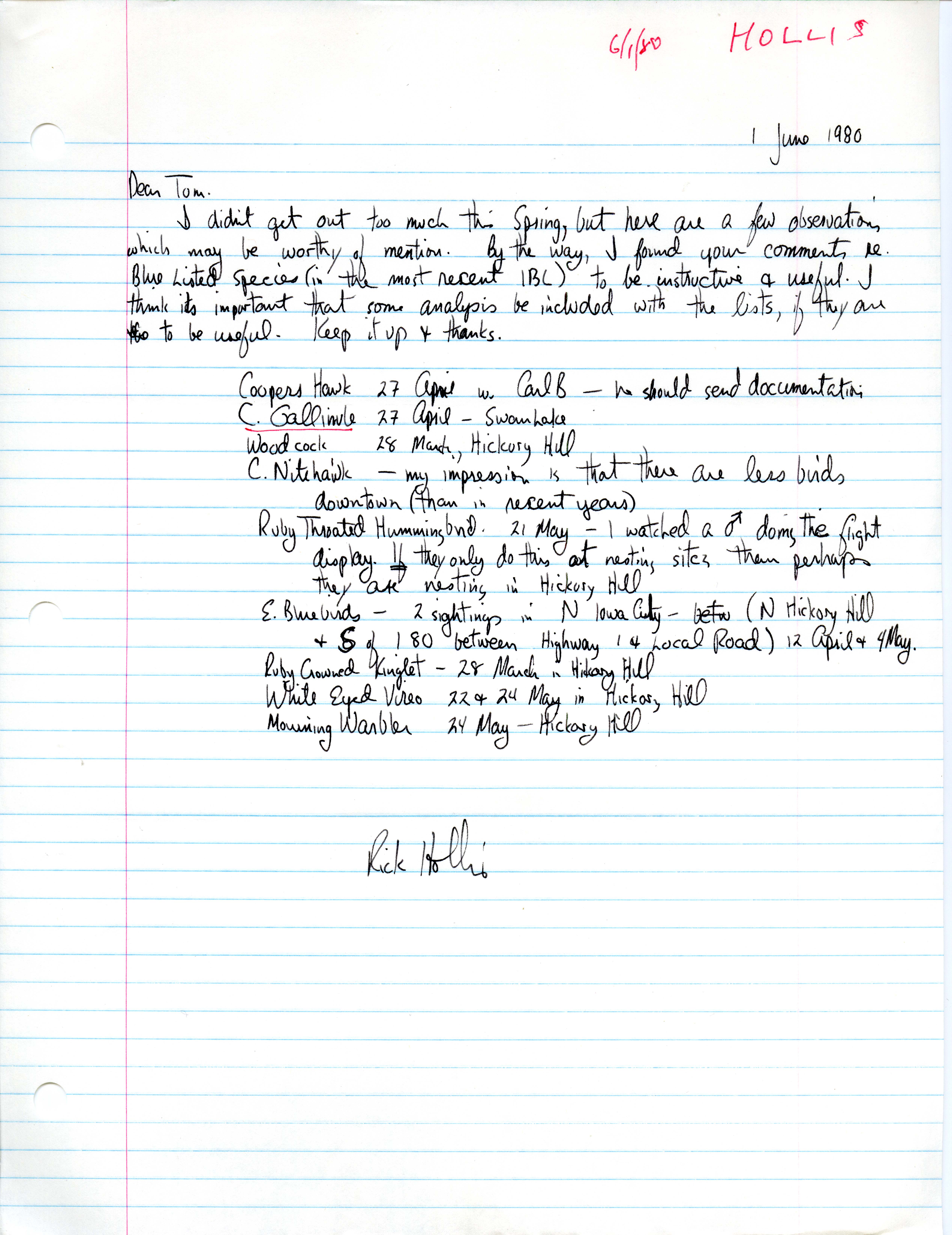 Richard Jule Hollis letter to Thomas H. Kent regarding bird sightings, June 1, 1980