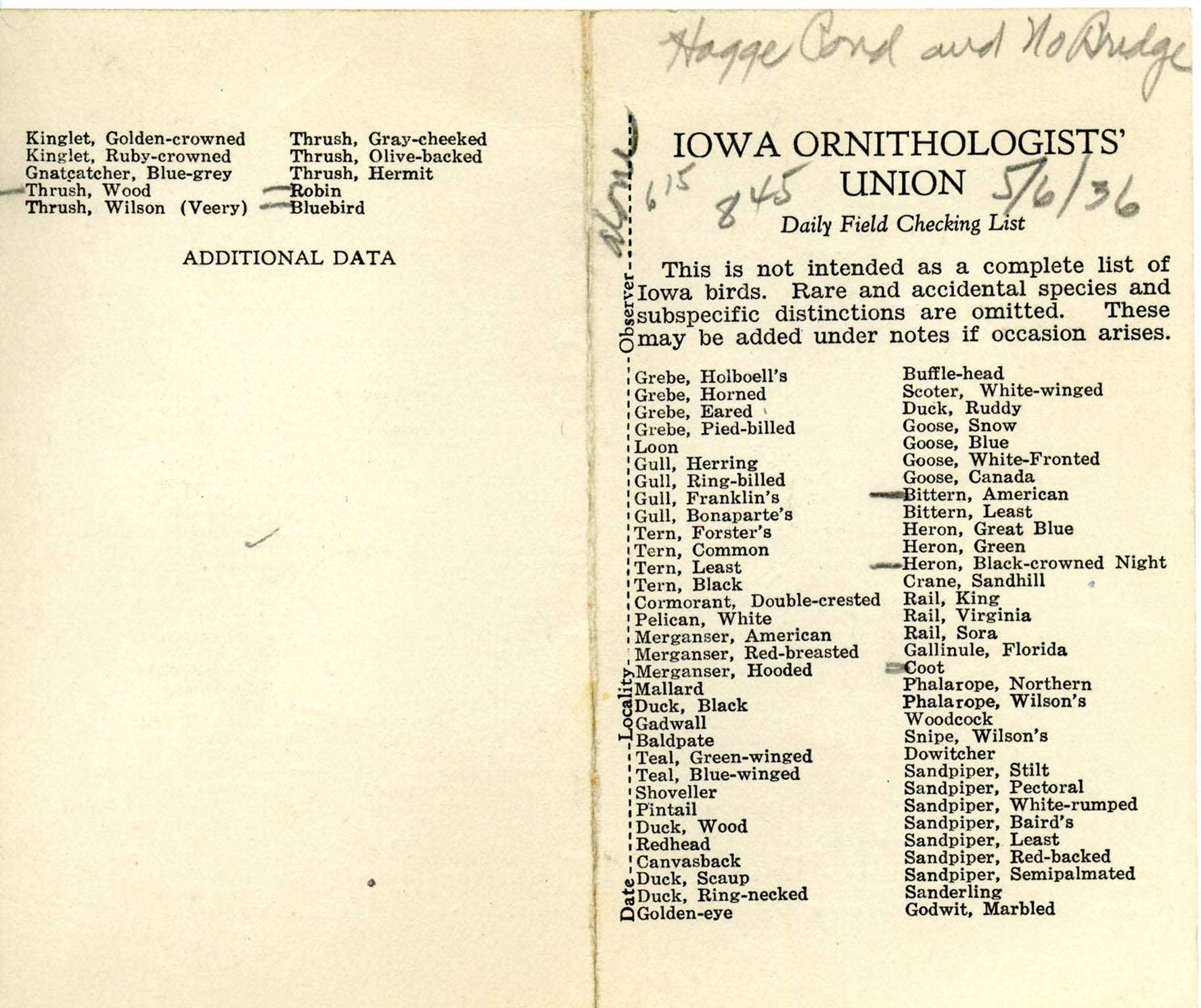 Daily field checking list by Walter Rosene, May 6, 1936