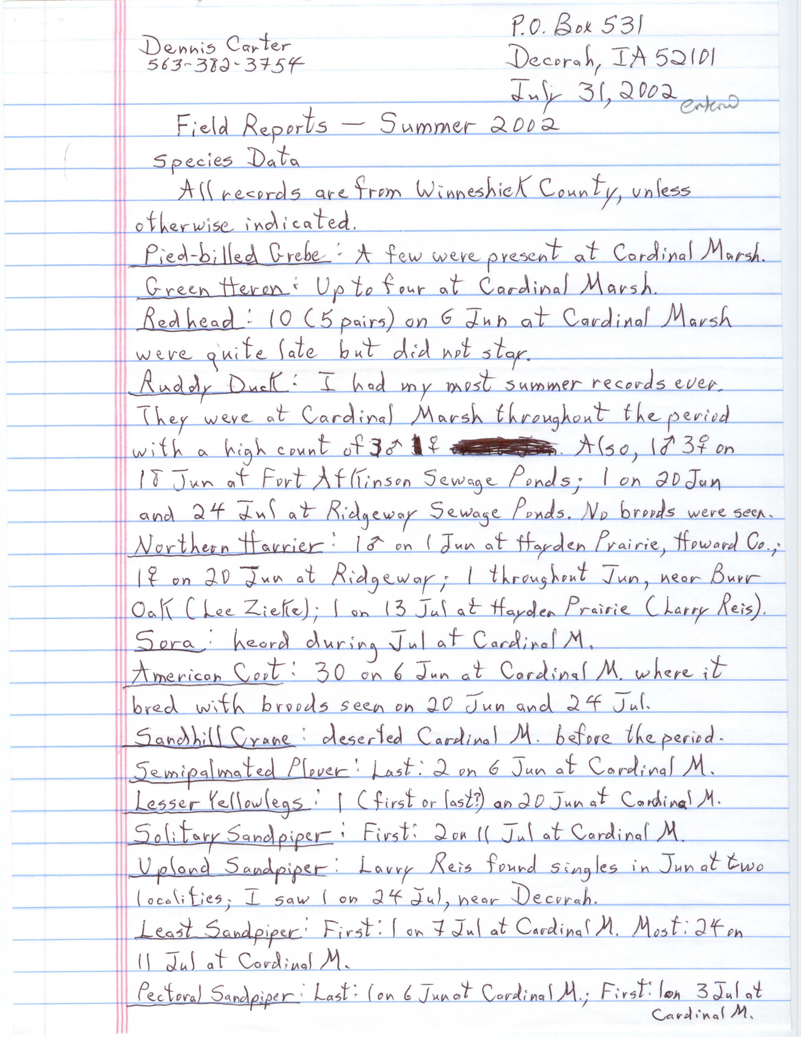 Field notes contributed by Dennis L. Carter, July 31, 2002