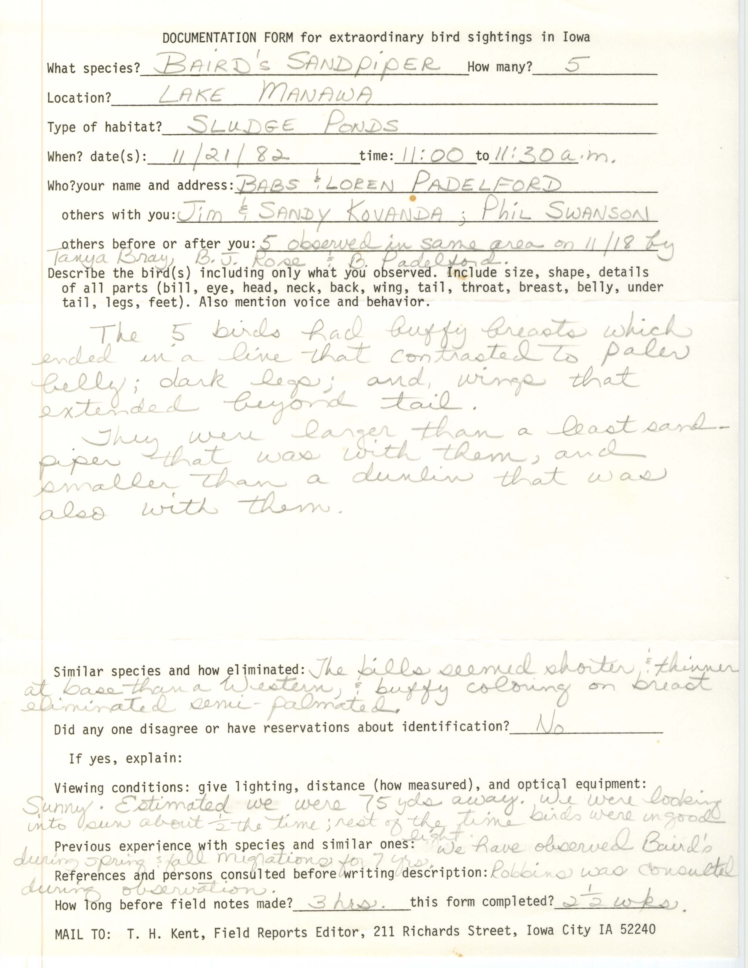 Rare bird documentation form for Baird's Sandpiper at Lake Manawa, 1982