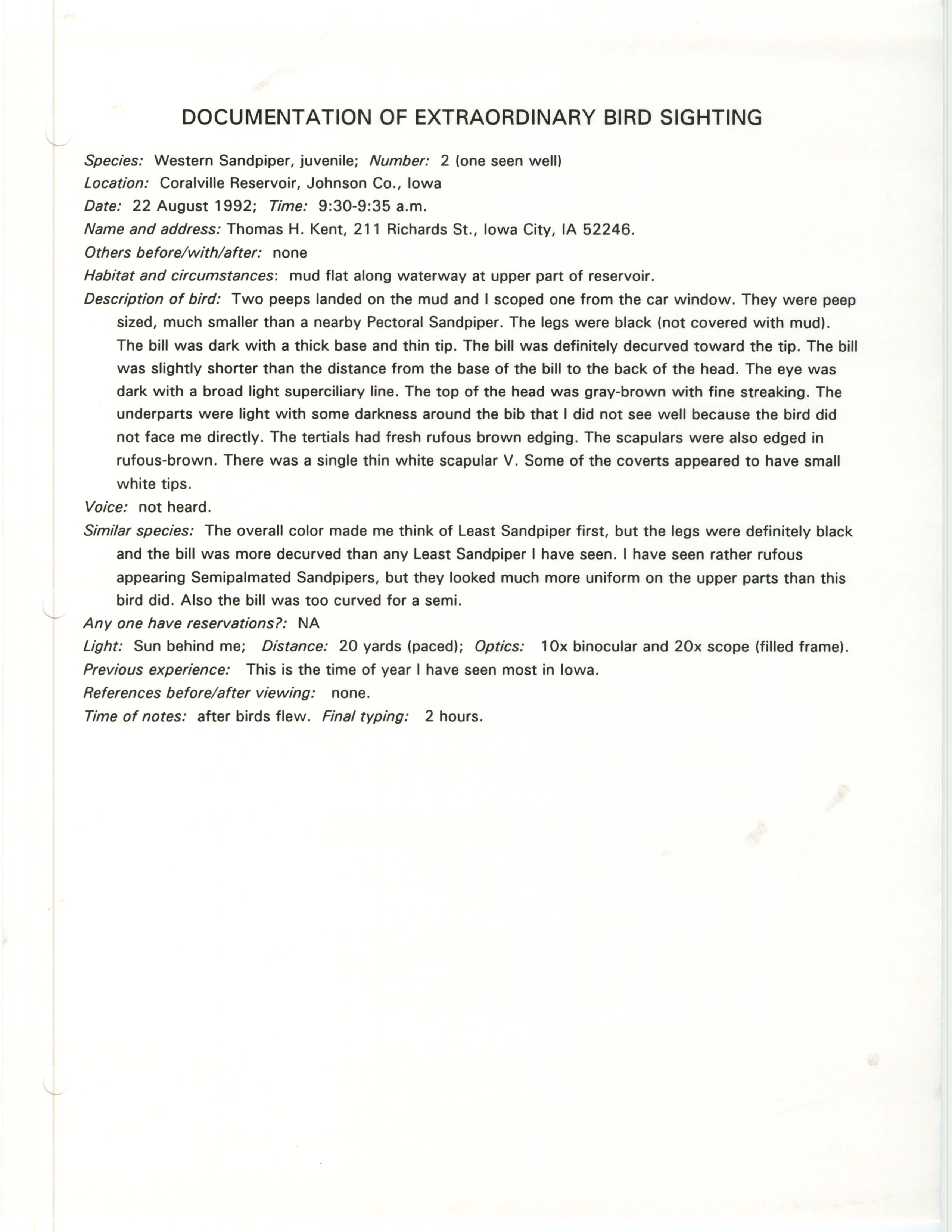Rare bird documentation form for Western Sandpiper at Coralville Reservoir, 1992