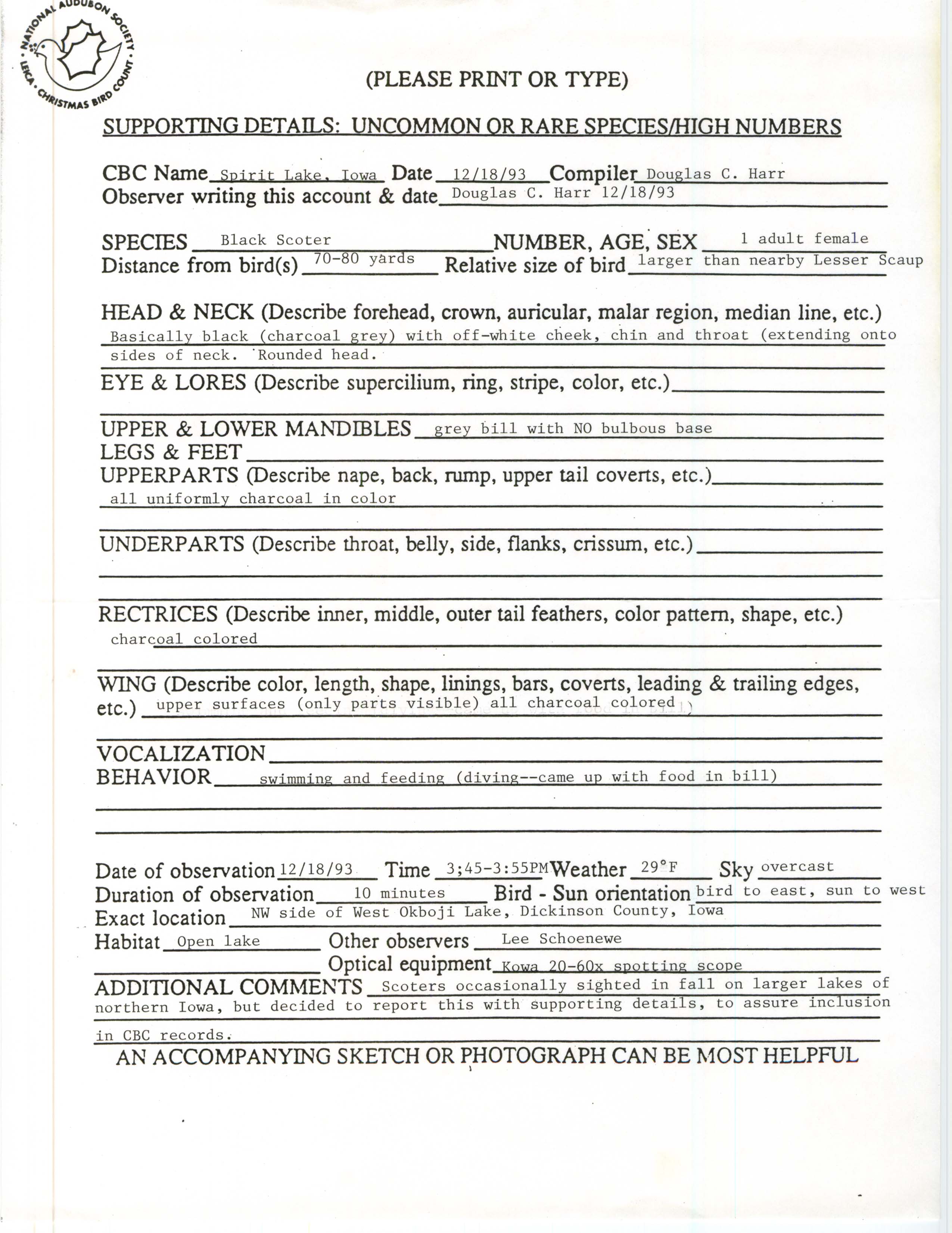 Rare bird documentation form for Black Scoter at West Okoboji Lake, 1993