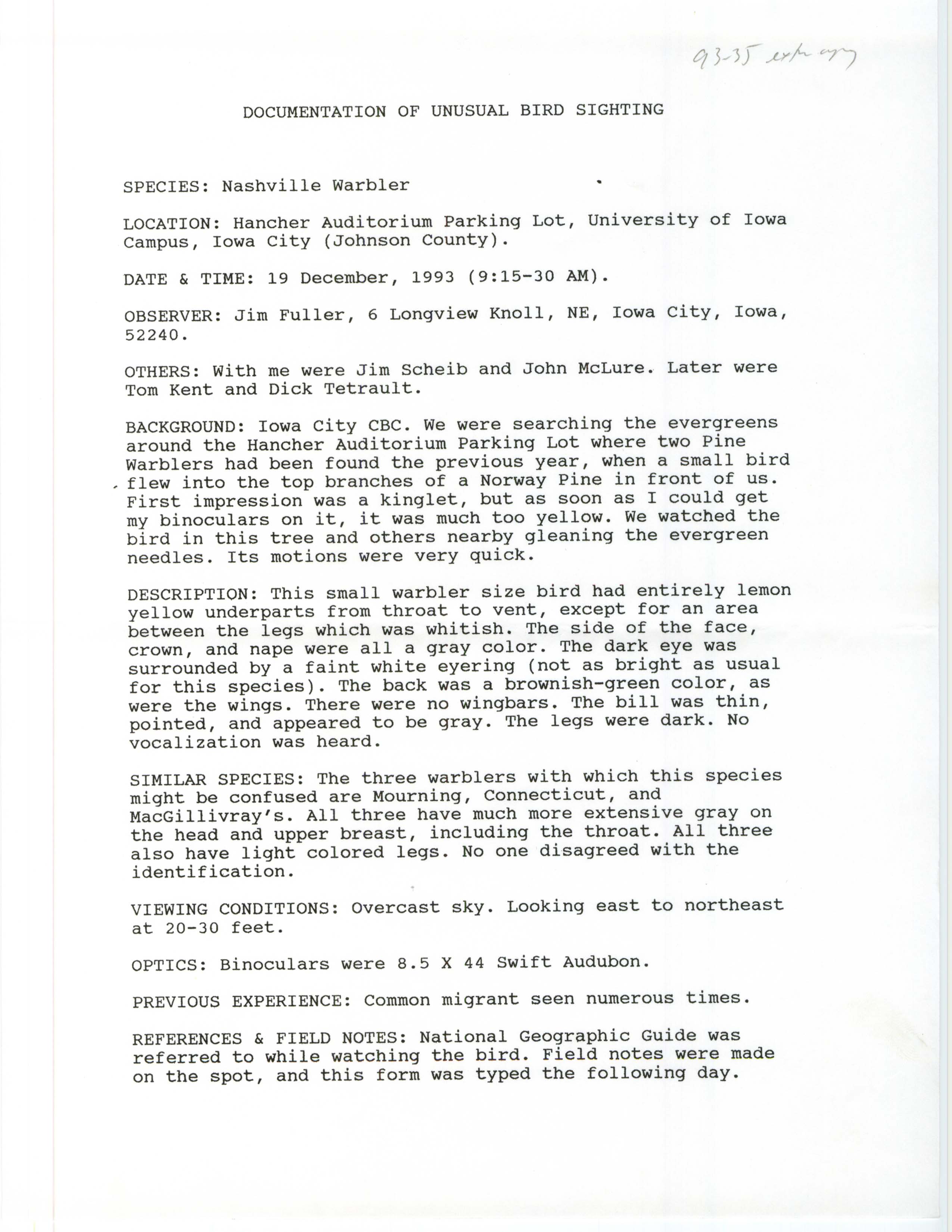 Rare bird documentation form for Nashville Warbler at Hancher Auditorium in Iowa City in 1993