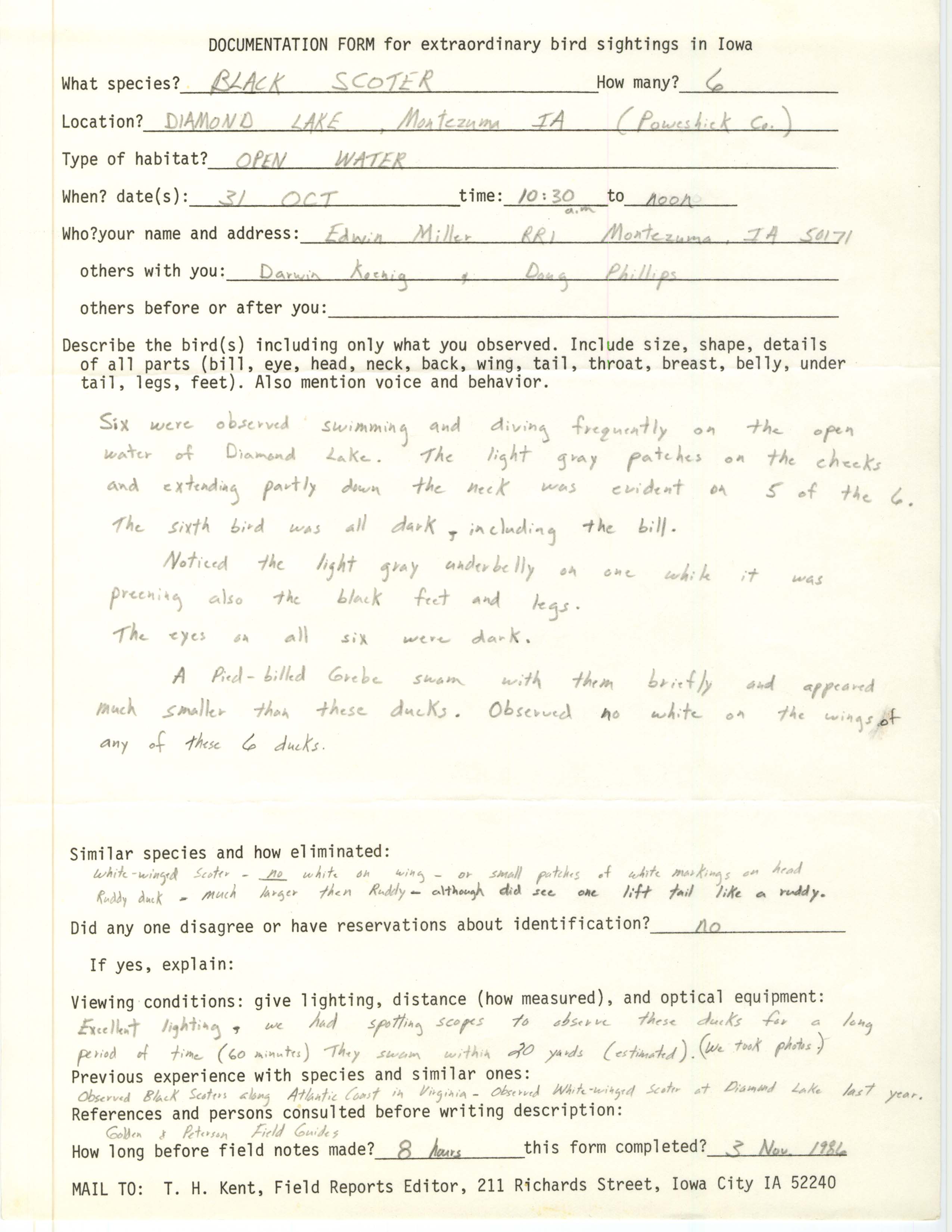 Rare bird documentation form for Black Scoter at Diamond Lake, 1986