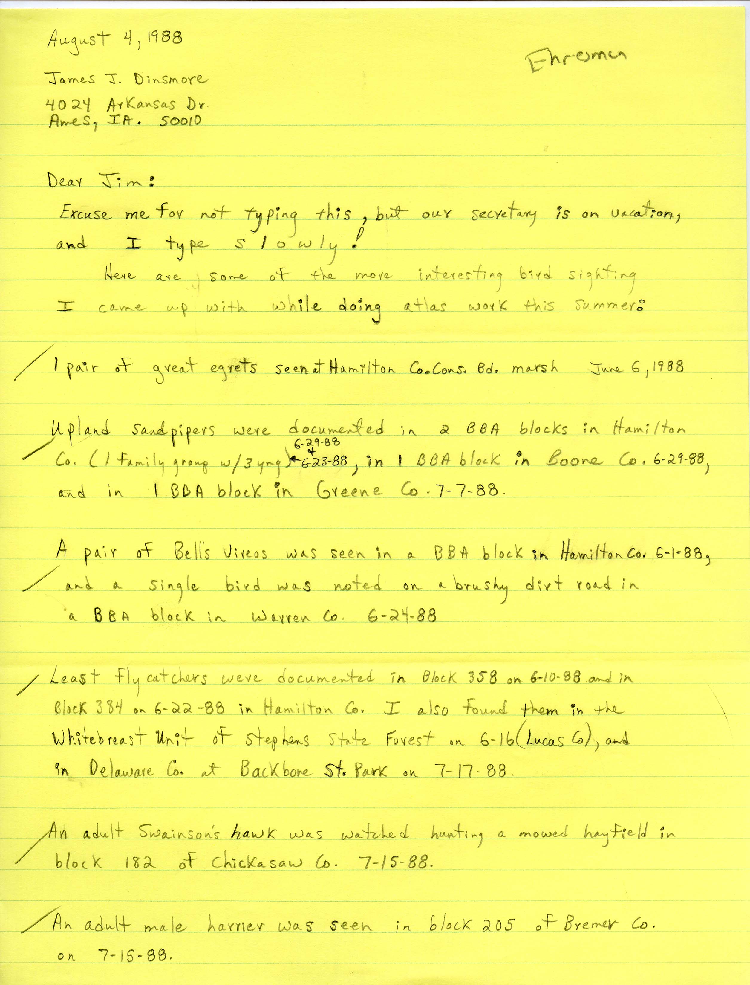 Bruce Ehresman letter to James J. Dinsmore regarding bird sightings, August 4, 1988