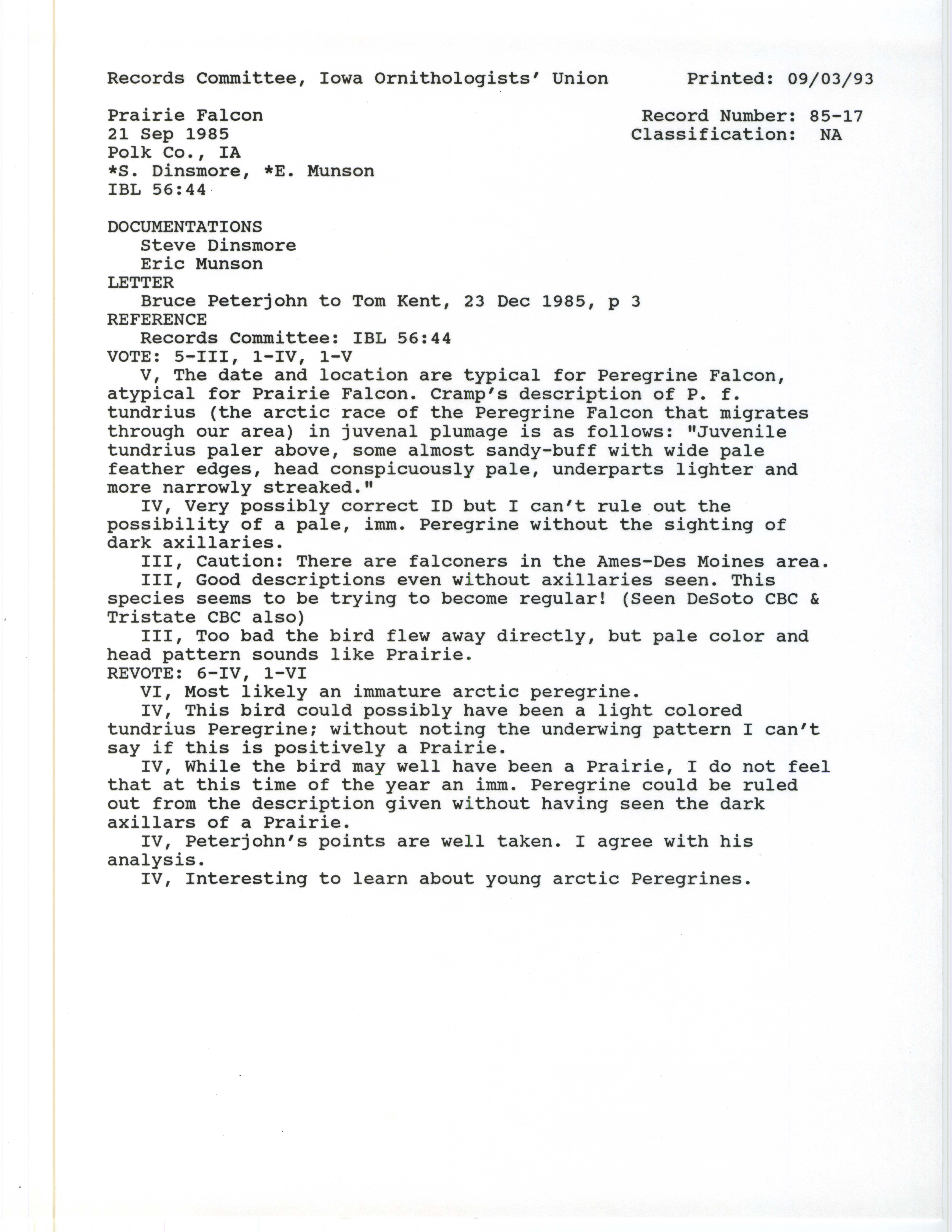 Records Committee review for rare bird sighting of Prairie Falcon north of Alleman, 1985
