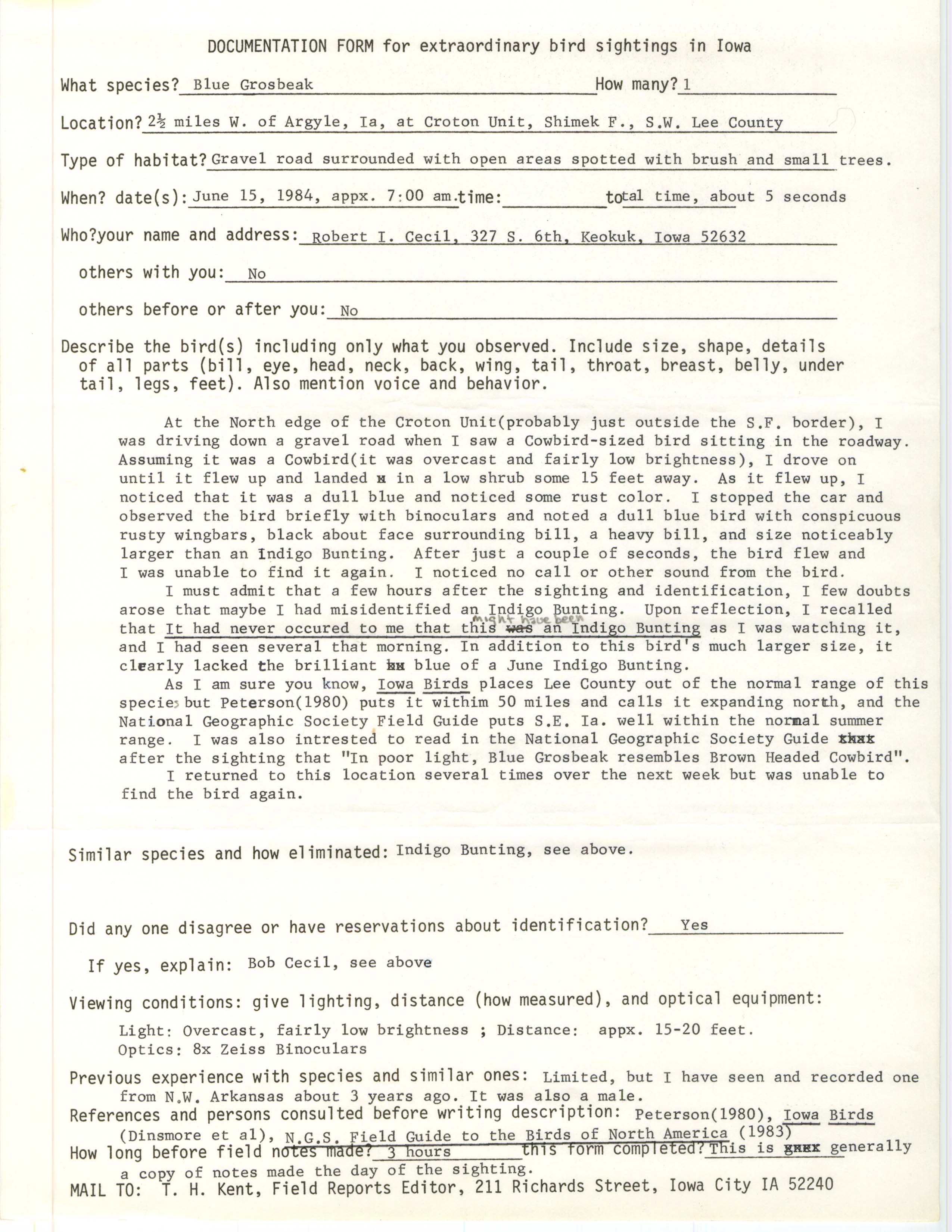 Rare bird documentation form for Blue Grosbeak at the Croton Unit in Shimek Forest, 1984