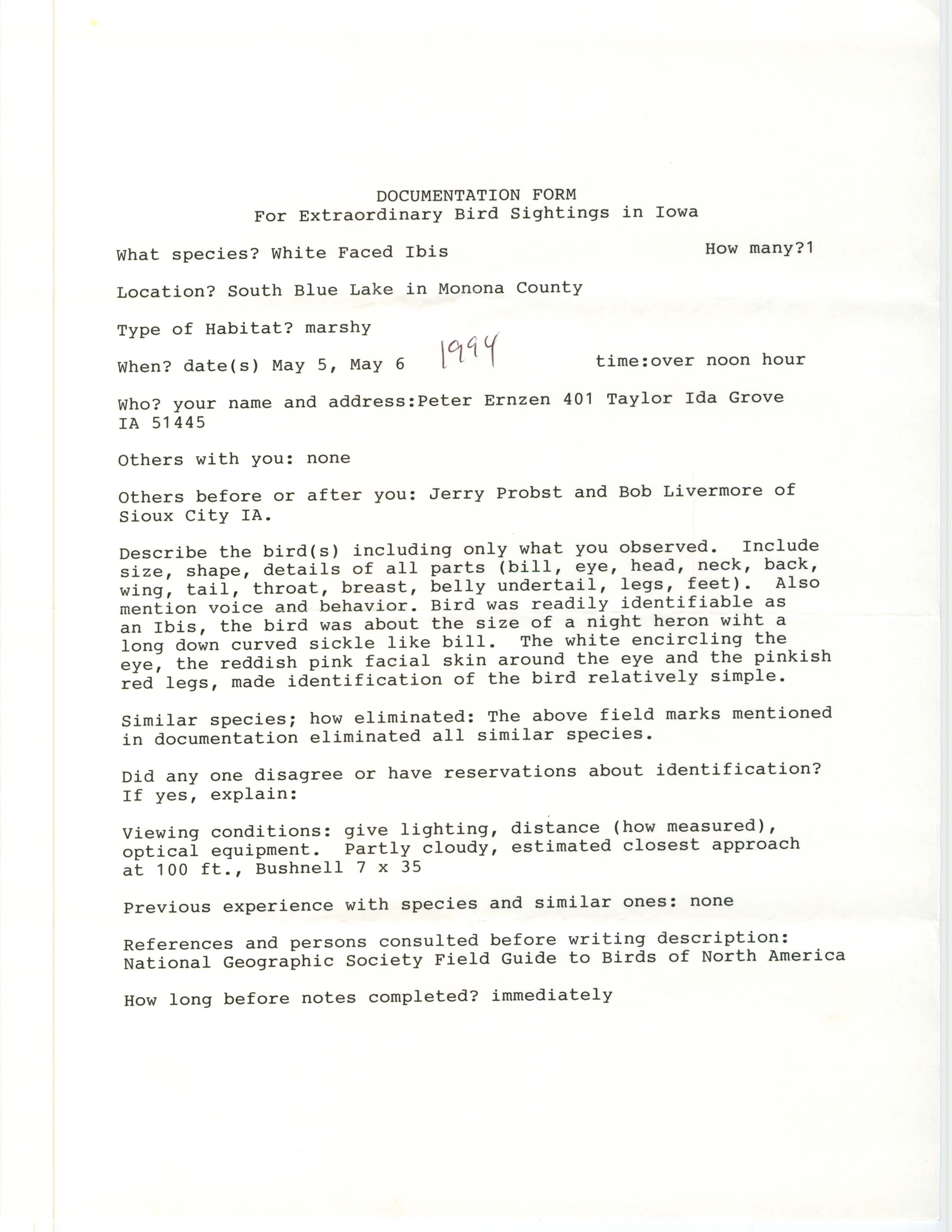 Documentation form for extraordinary bird sightings in Iowa regarding a White-faced Ibis, 1994