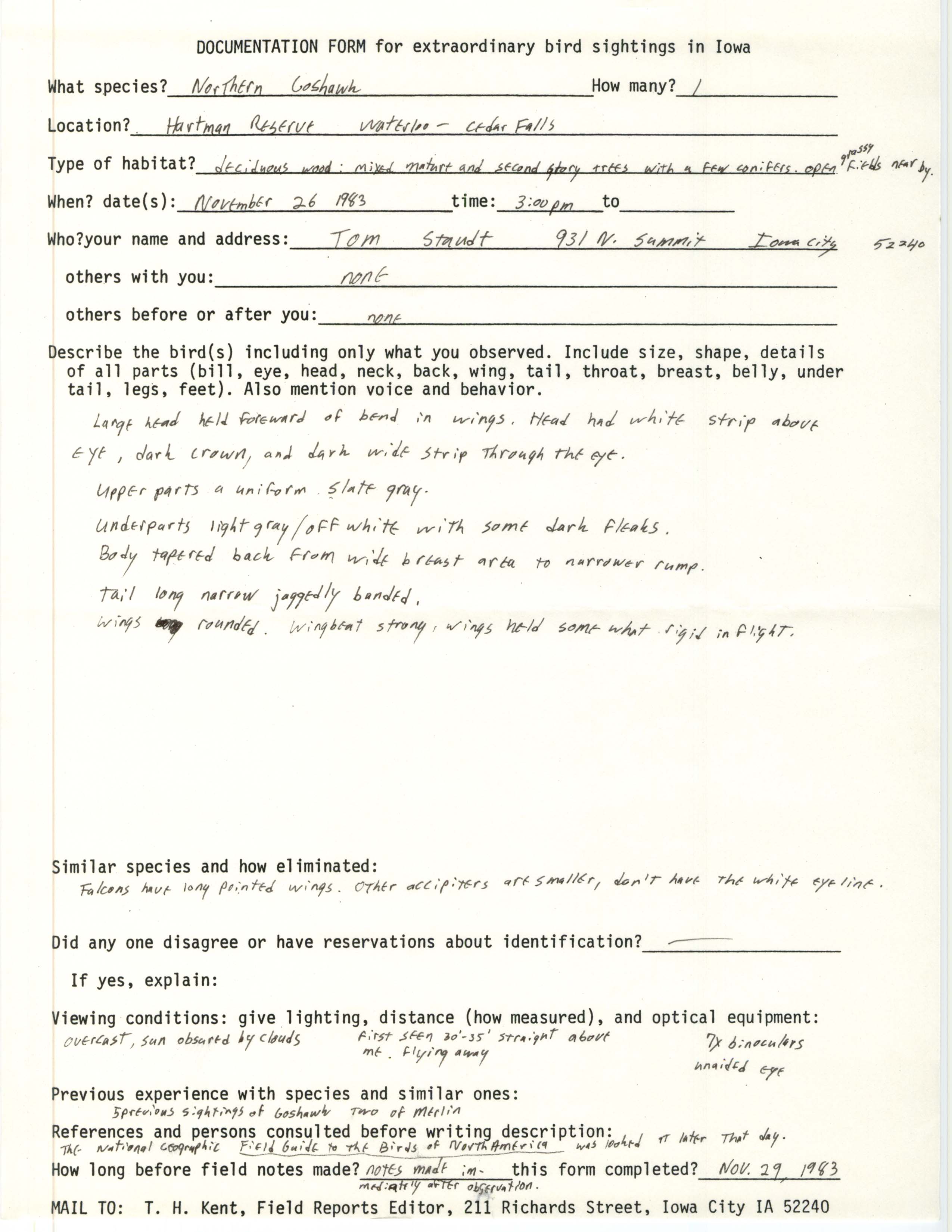 Rare bird documentation form for Northern Goshawk at Hartman Reserve, 1983