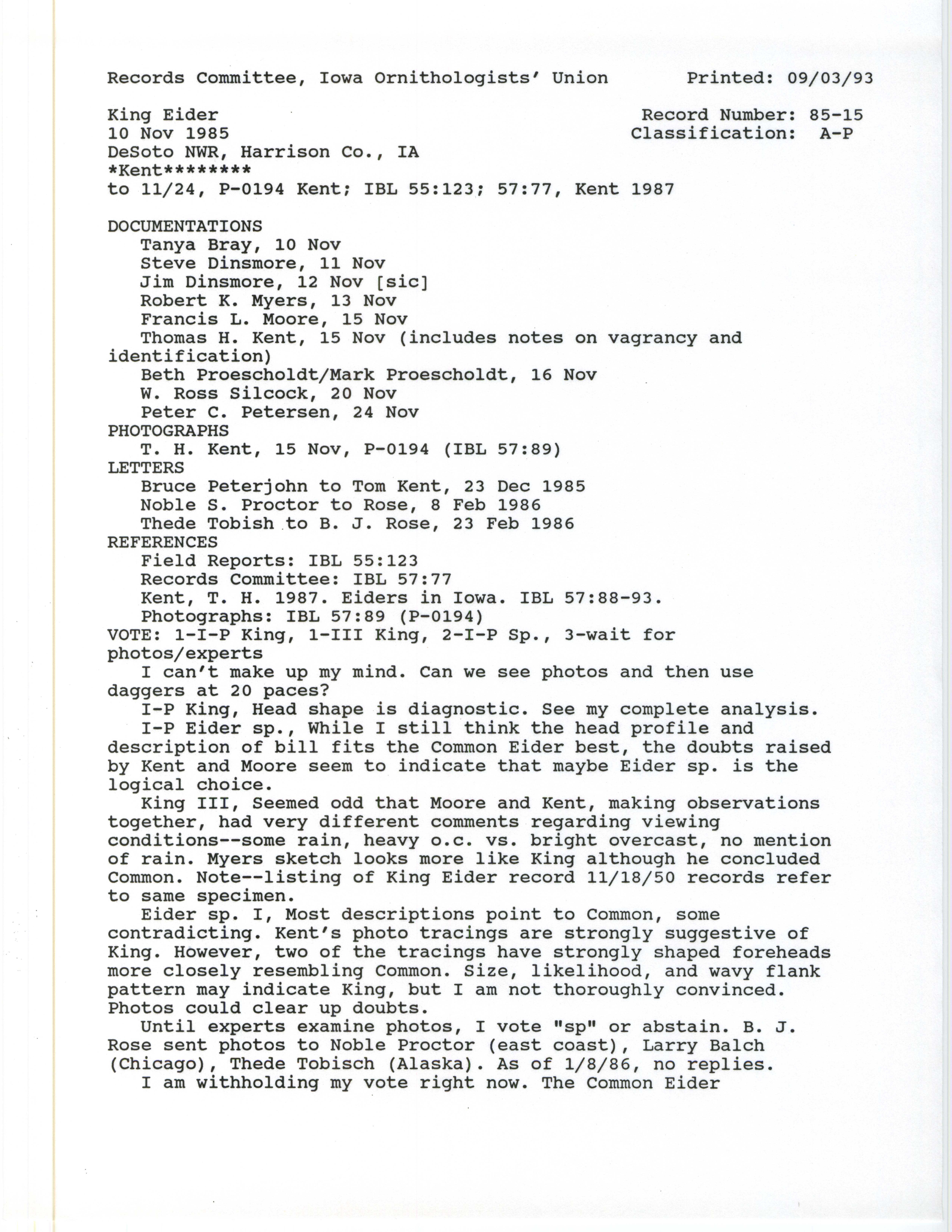 Records Committee review for rare bird sighting of King Eider at De Soto National Wildlife Refuge, 1985