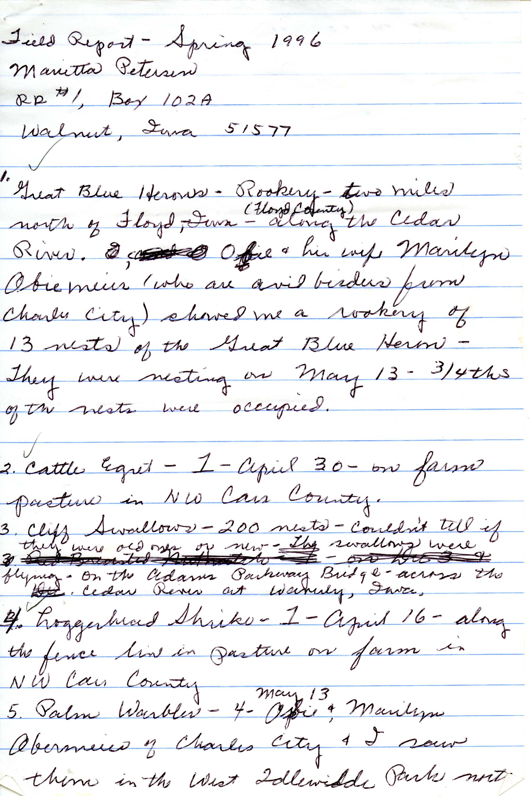 Field notes contributed by Marietta A. Petersen, spring 1996