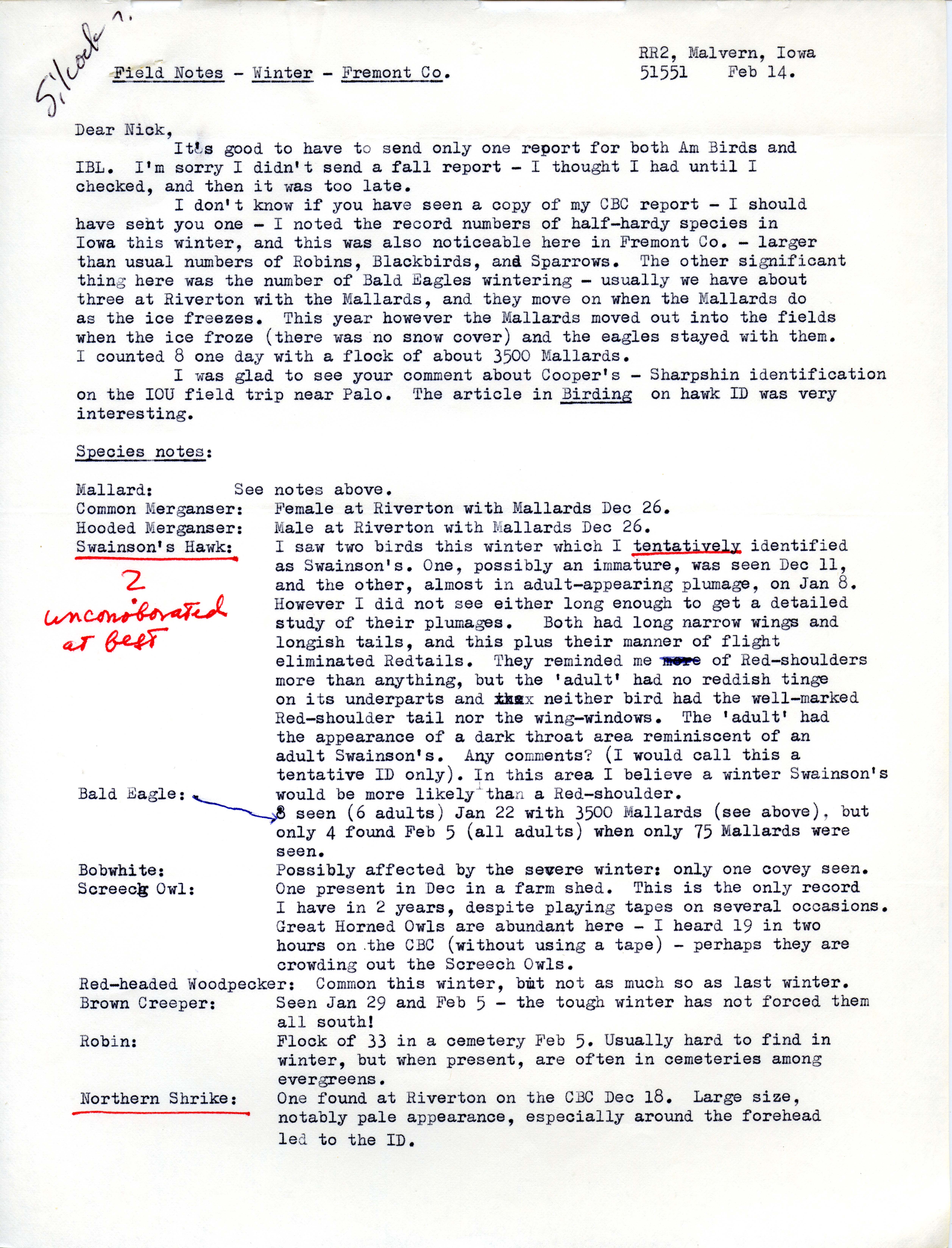 W. Ross Silcock letter to Nicholas S. Halmi regarding field notes, February 14, 1977