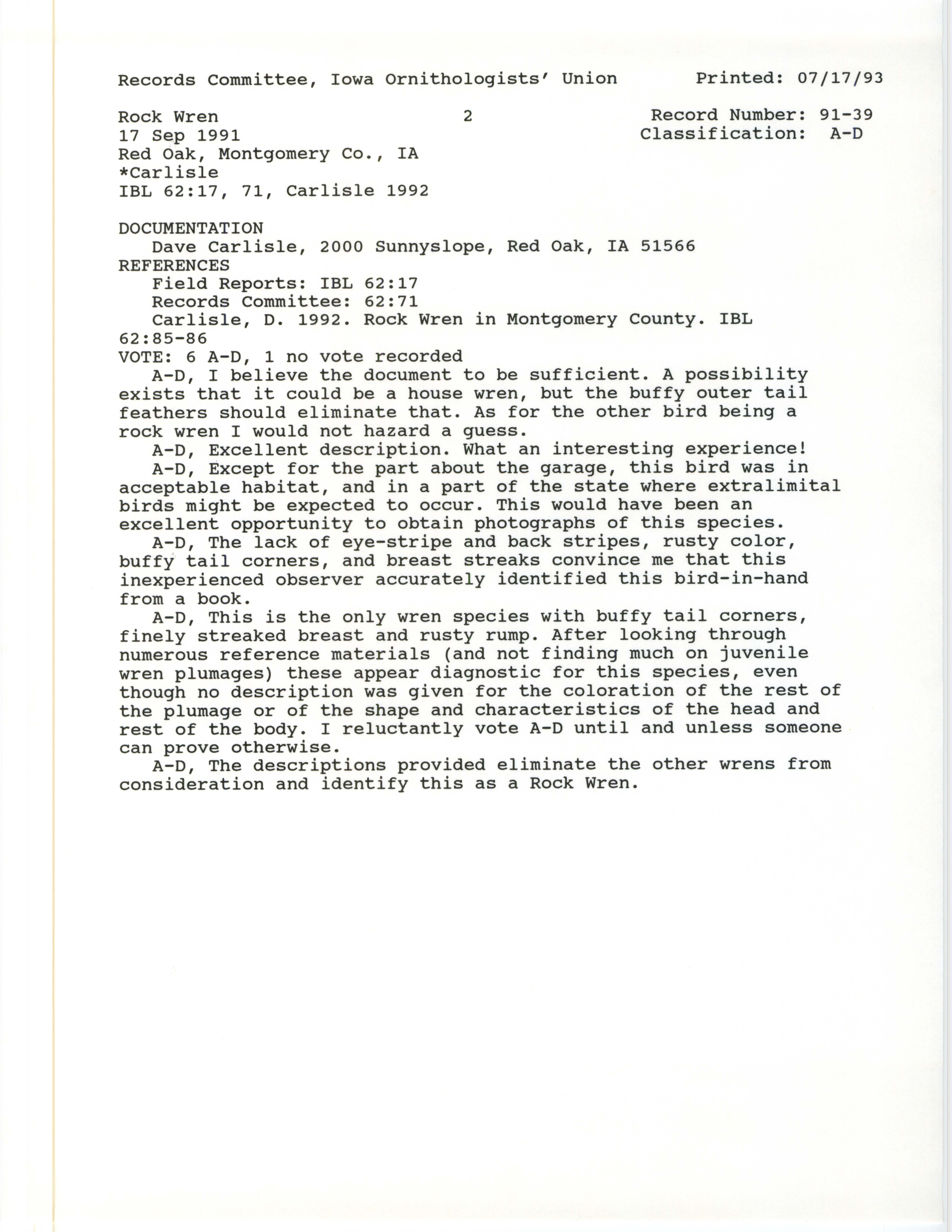 Records Committee review for rare bird sighting for Rock Wren at Red Oak, 1991