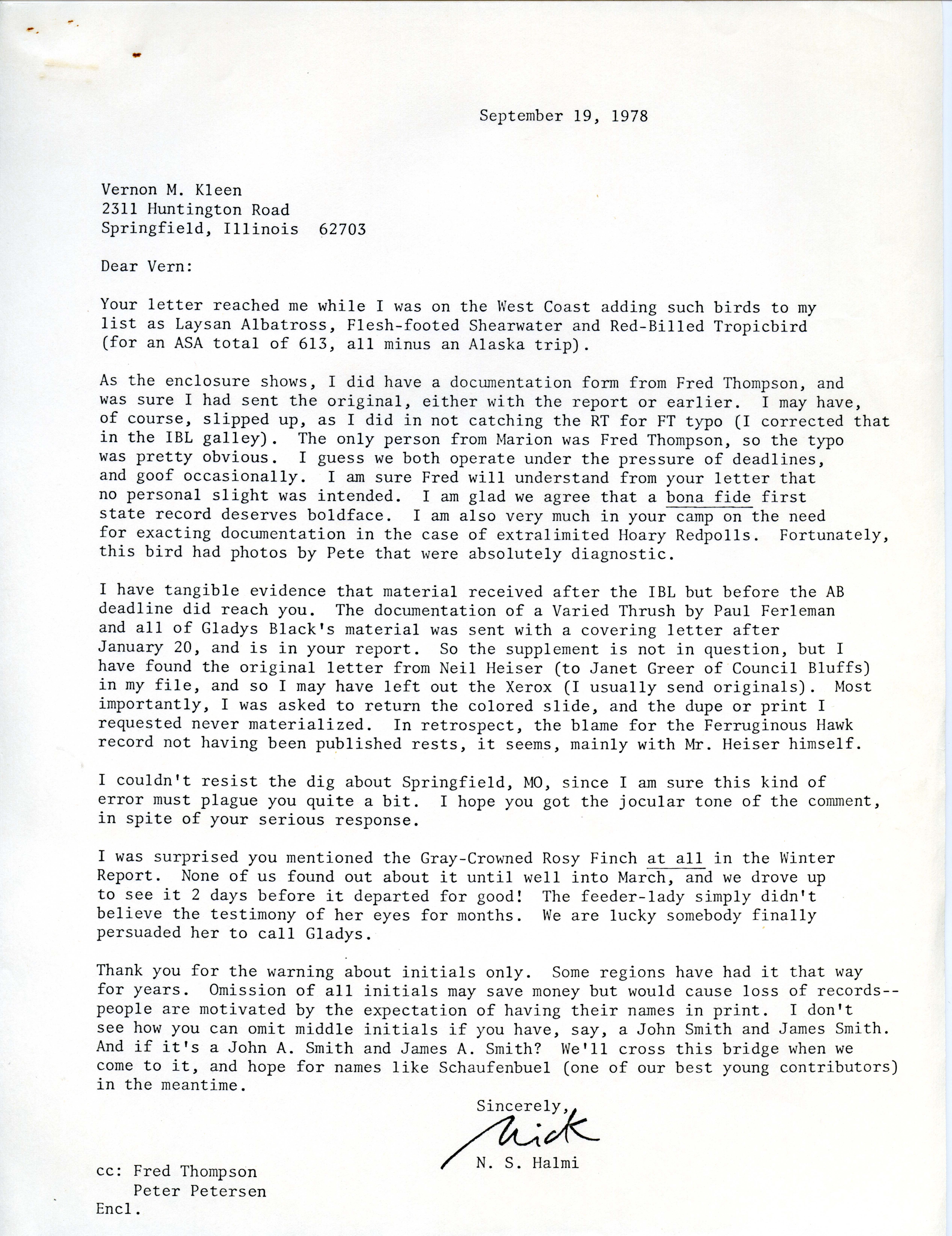Nicholas S. Halmi letter to Vernon M. Kleen regarding publication of bird reports, September 19, 1978
