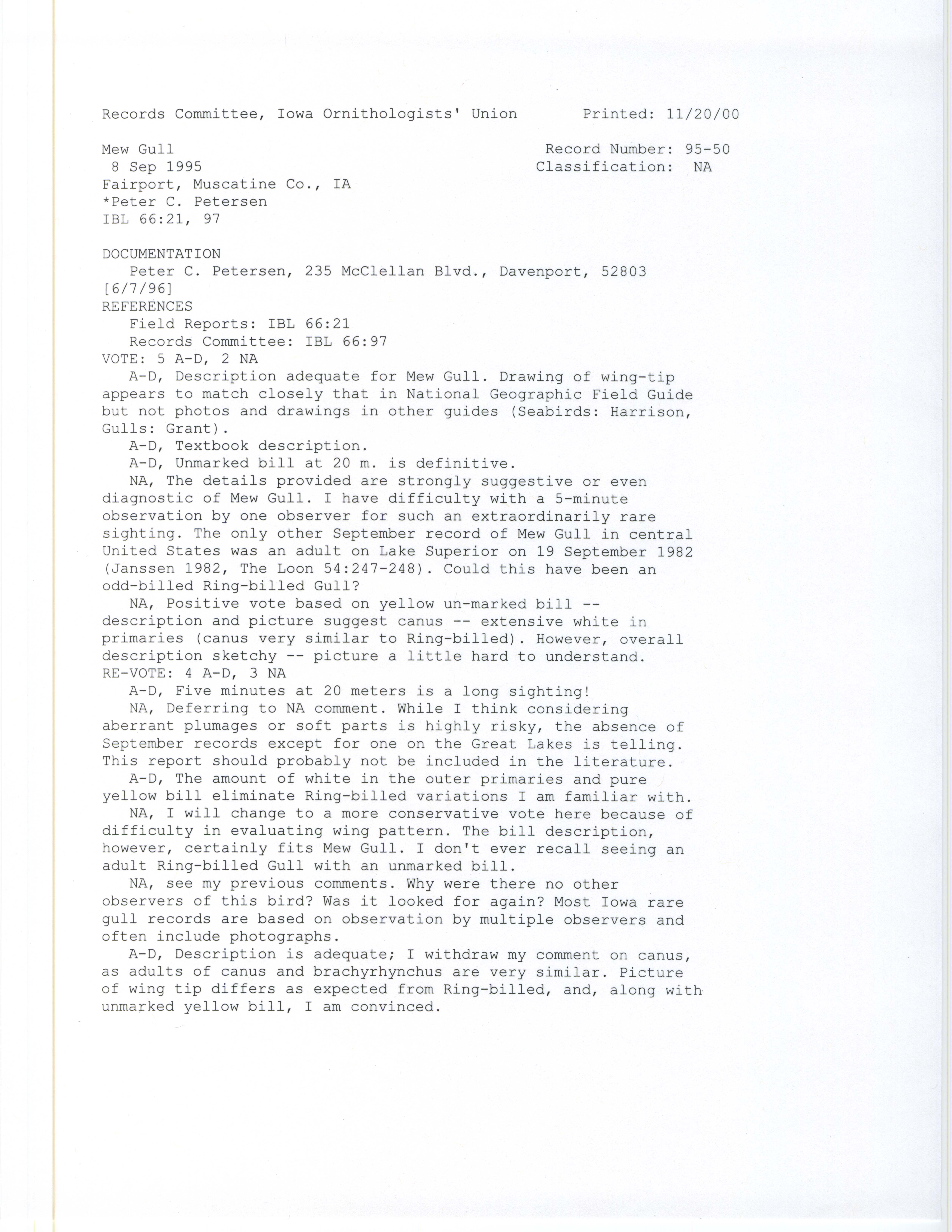 Records Committee review for rare bird sighting of Mew Gull at Fairport Fish Hatchery, 1995