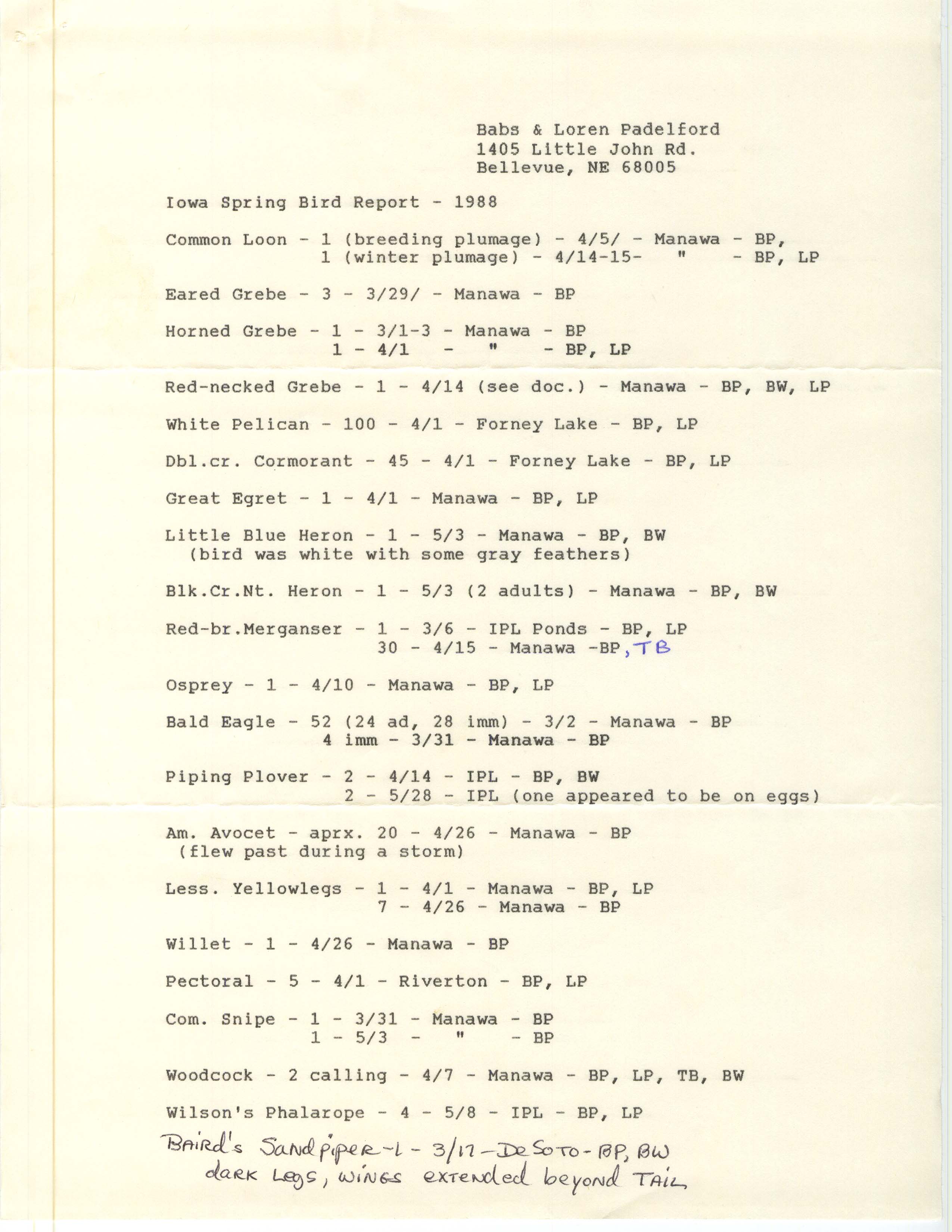 Iowa spring bird report contributed by Babs Padelford and Loren Padelford, spring 1988